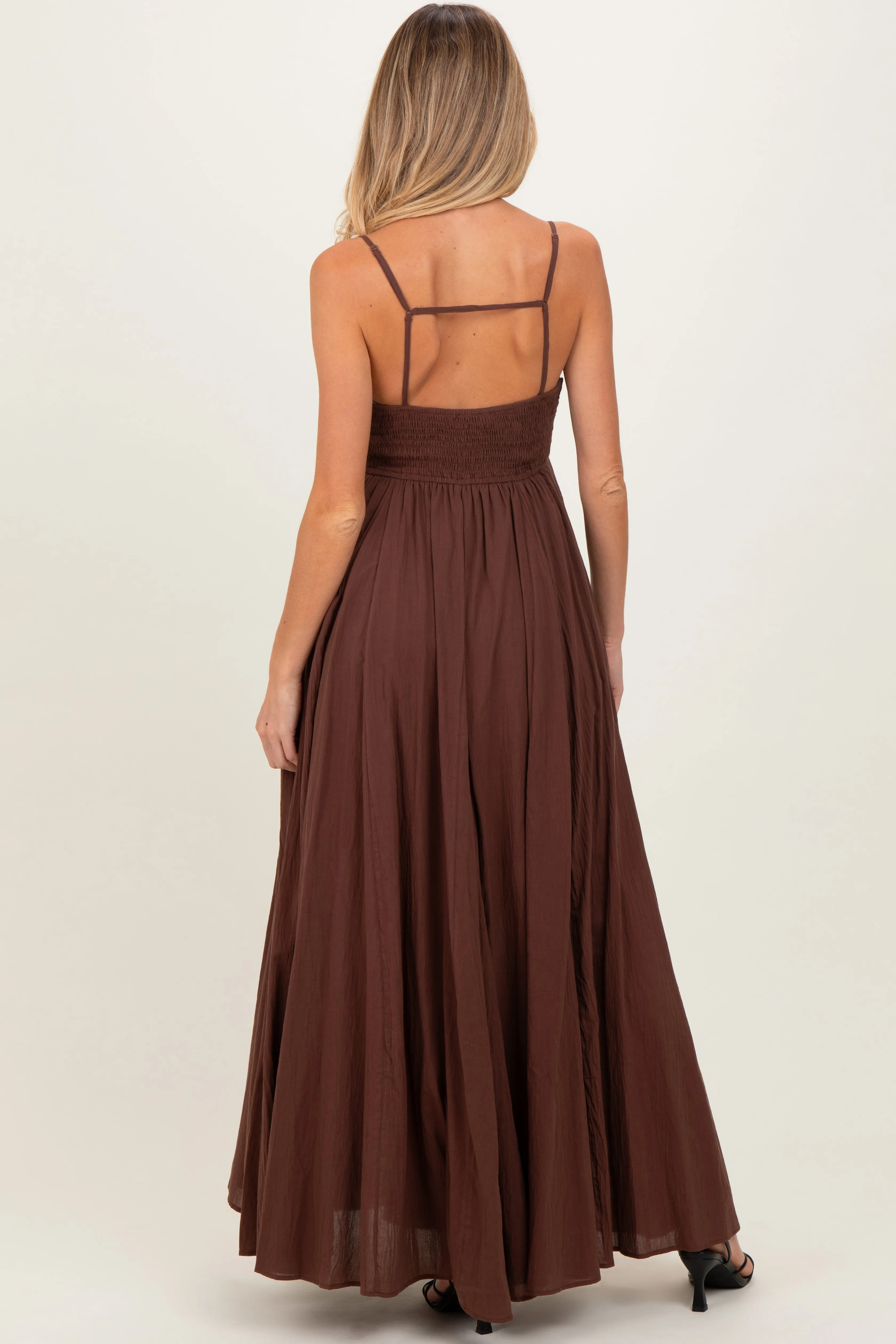 Brown Gathered Tie Front Maternity Maxi Dress sold by Pinkblush product image thumbnail 4
