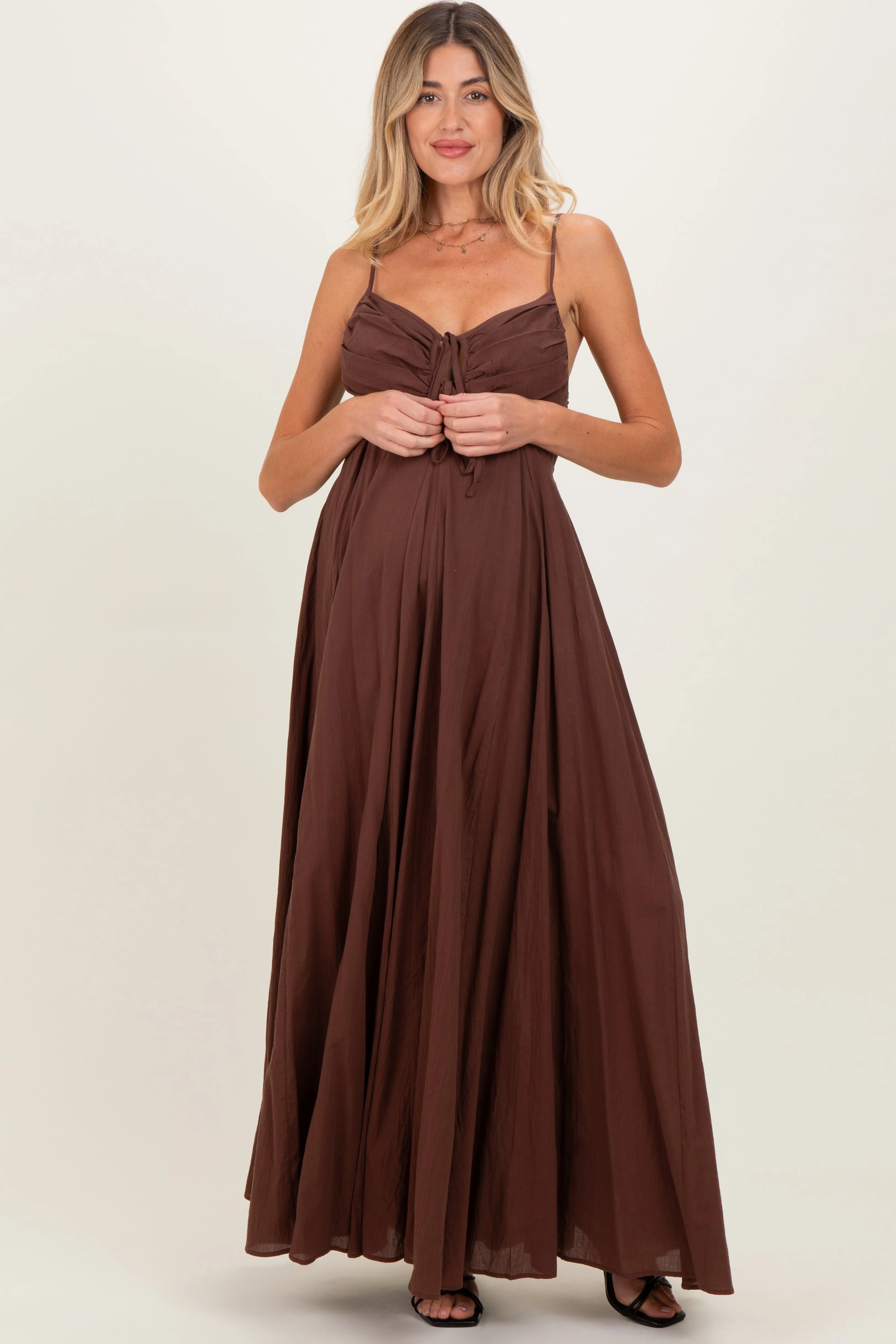 Brown Gathered Tie Front Maternity Maxi Dress sold by Pinkblush