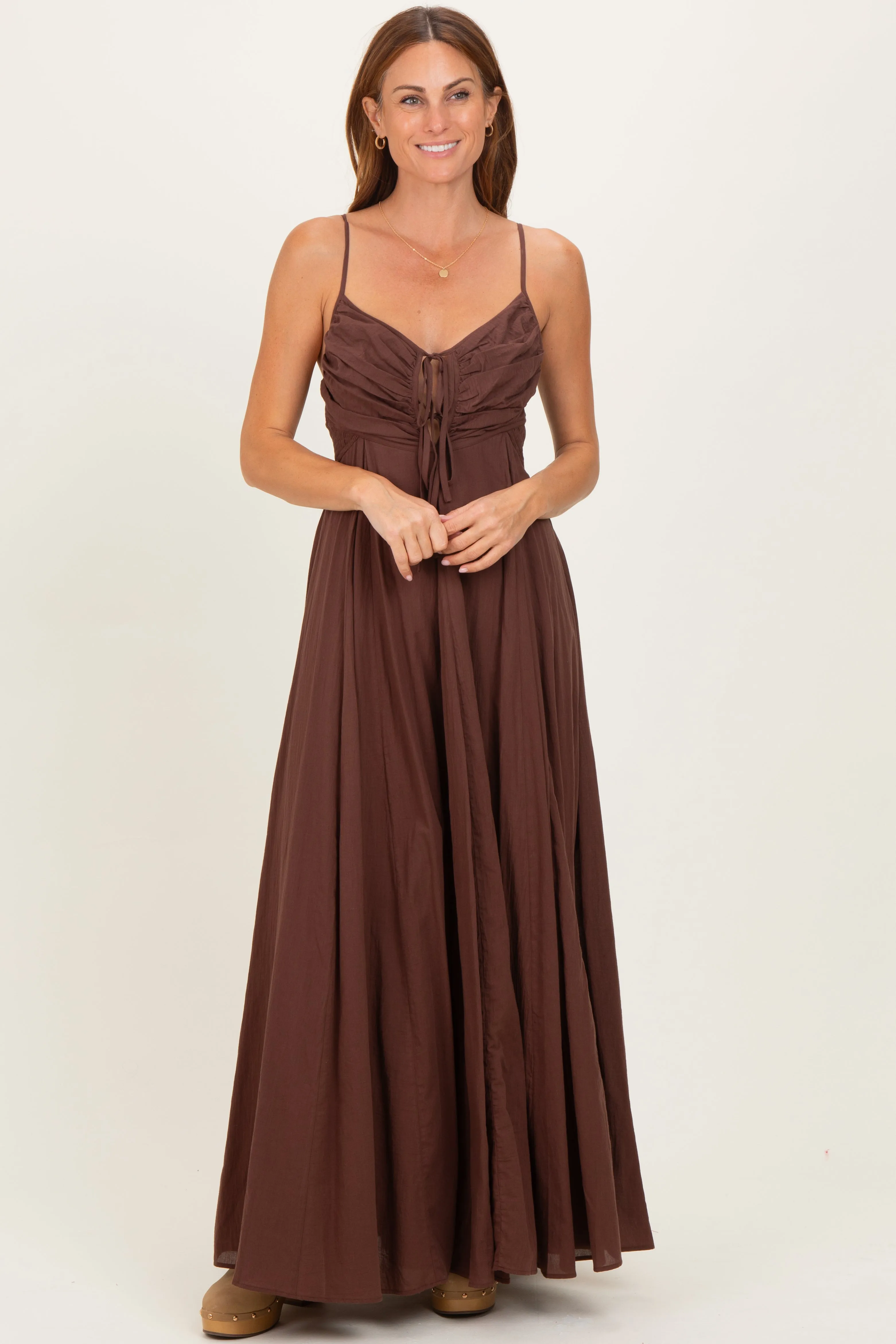 Brown Gathered Tie Front Maternity Maxi Dress sold by Pinkblush product image thumbnail 5