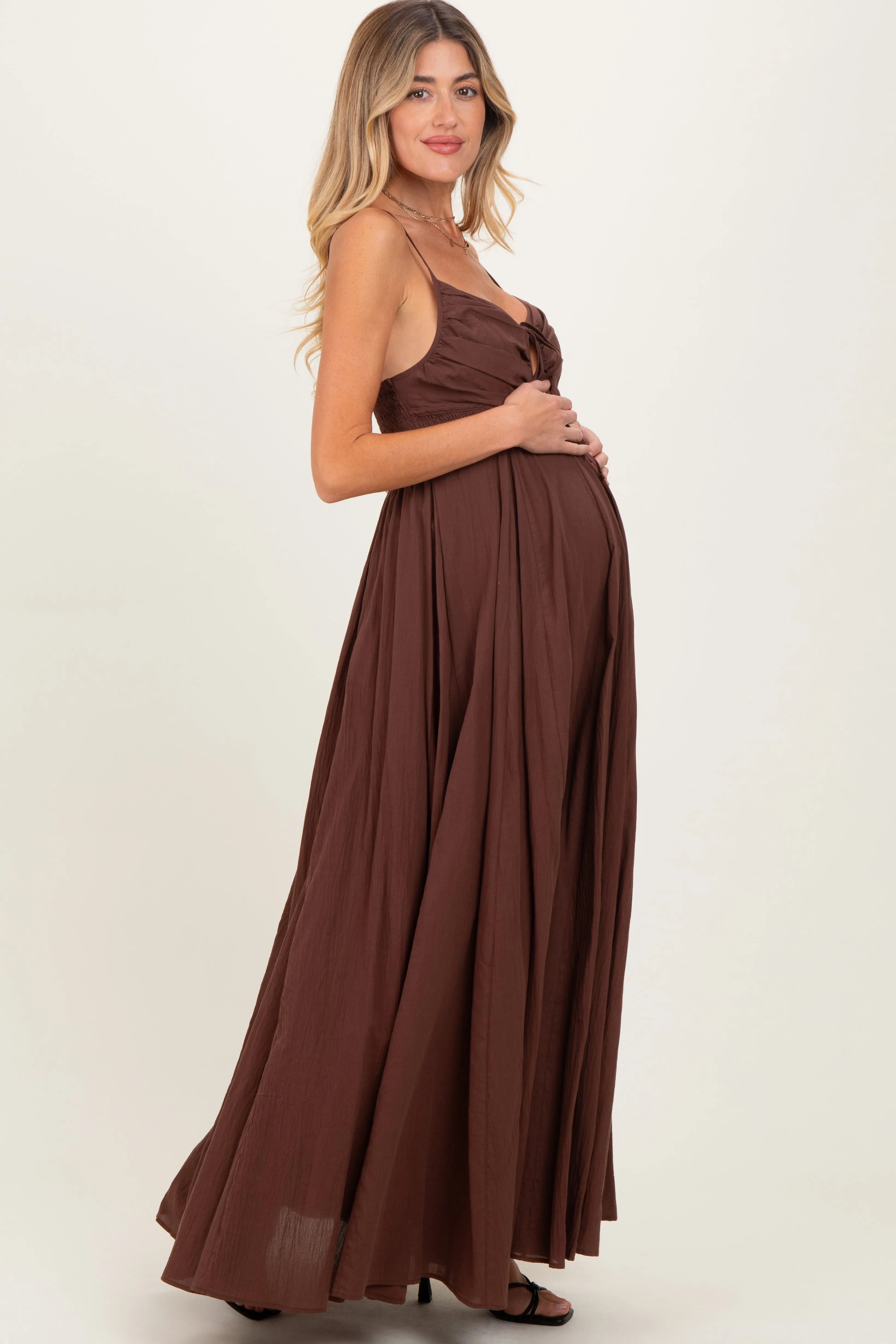 Brown Gathered Tie Front Maternity Maxi Dress sold by Pinkblush product image thumbnail 3