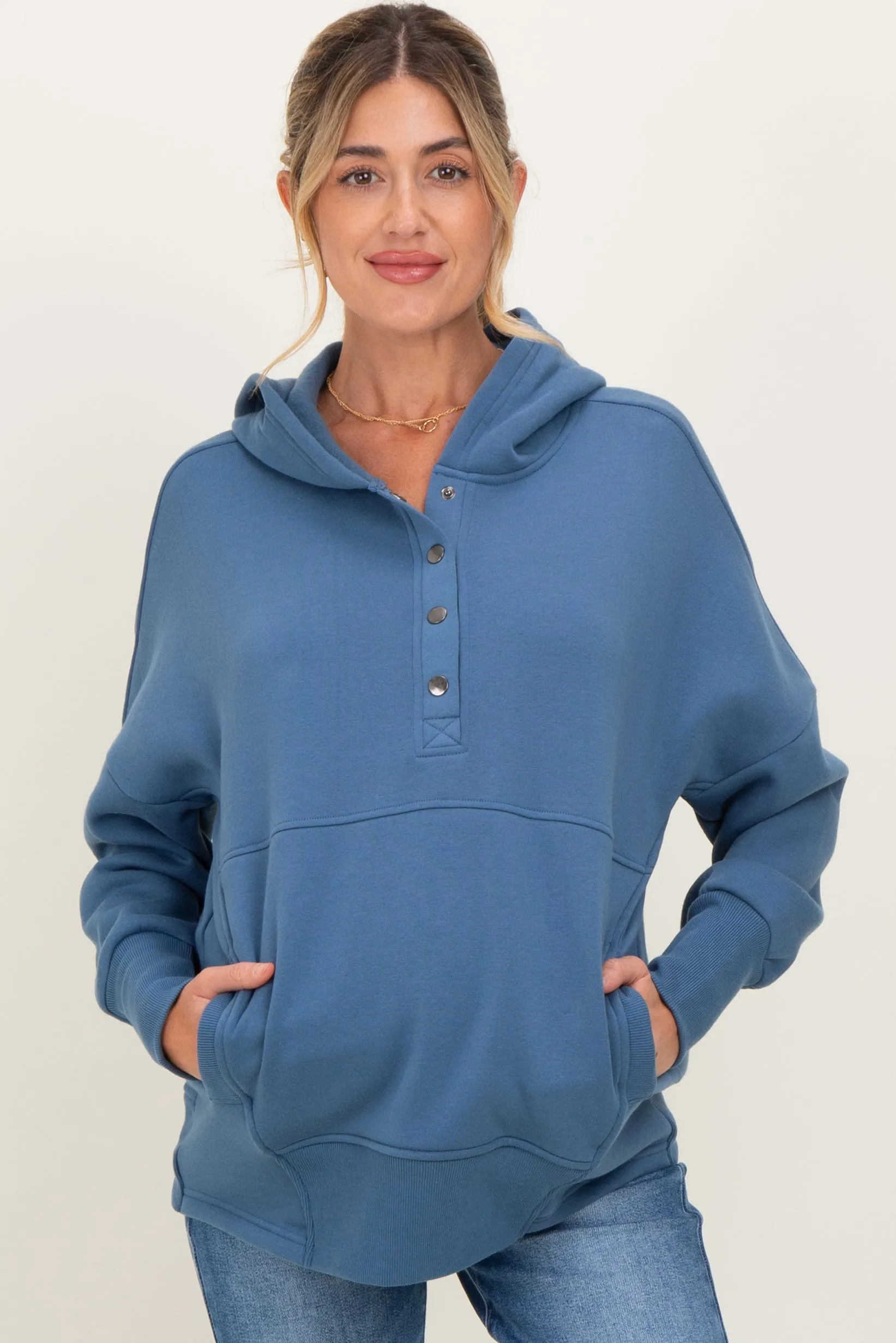 Dusty Blue Fleece Snap Button Maternity Hoodie sold by Pinkblush