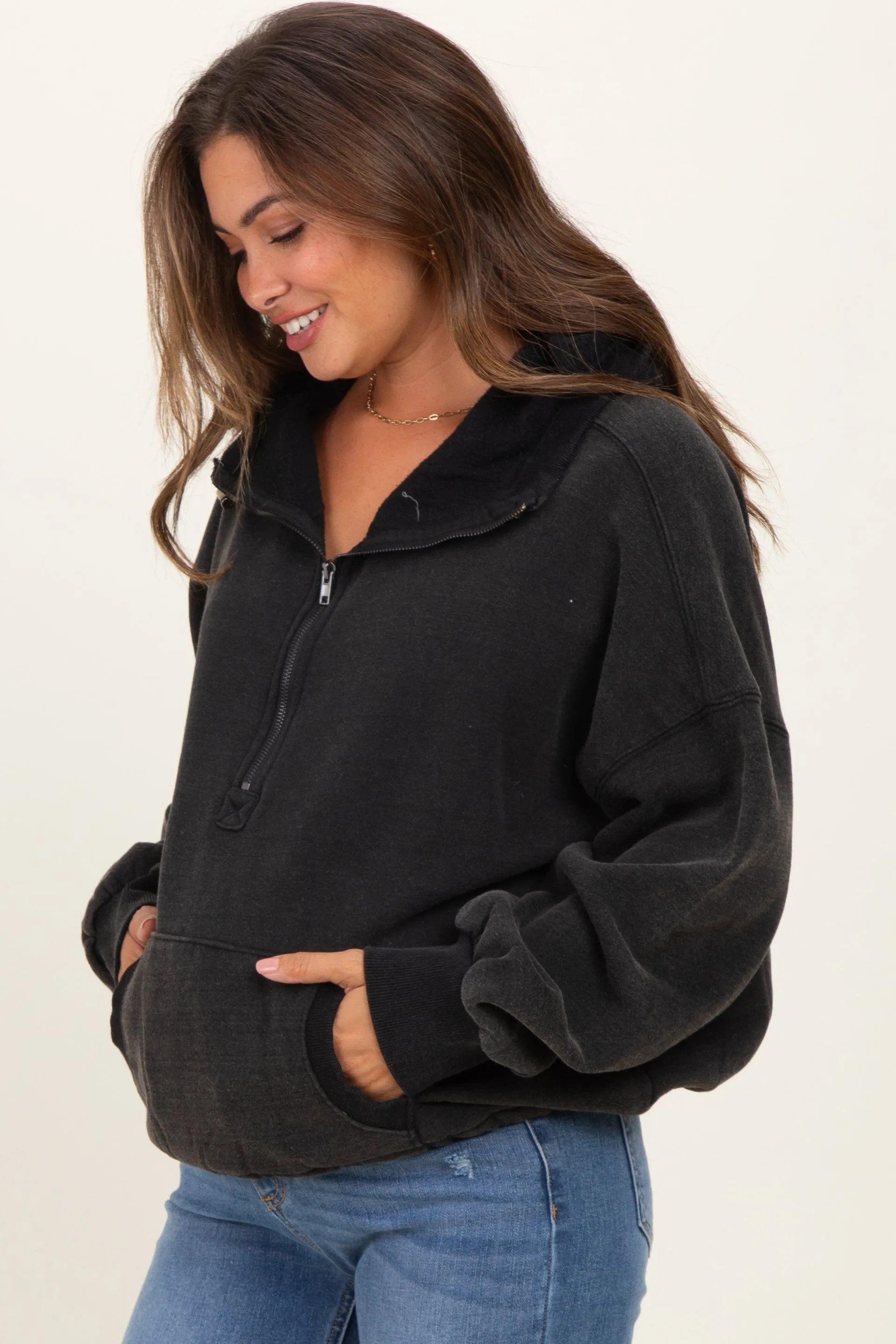 Black Fleece Half Zip Drop Shoulder Maternity Hoodie sold by Pinkblush product image thumbnail 3