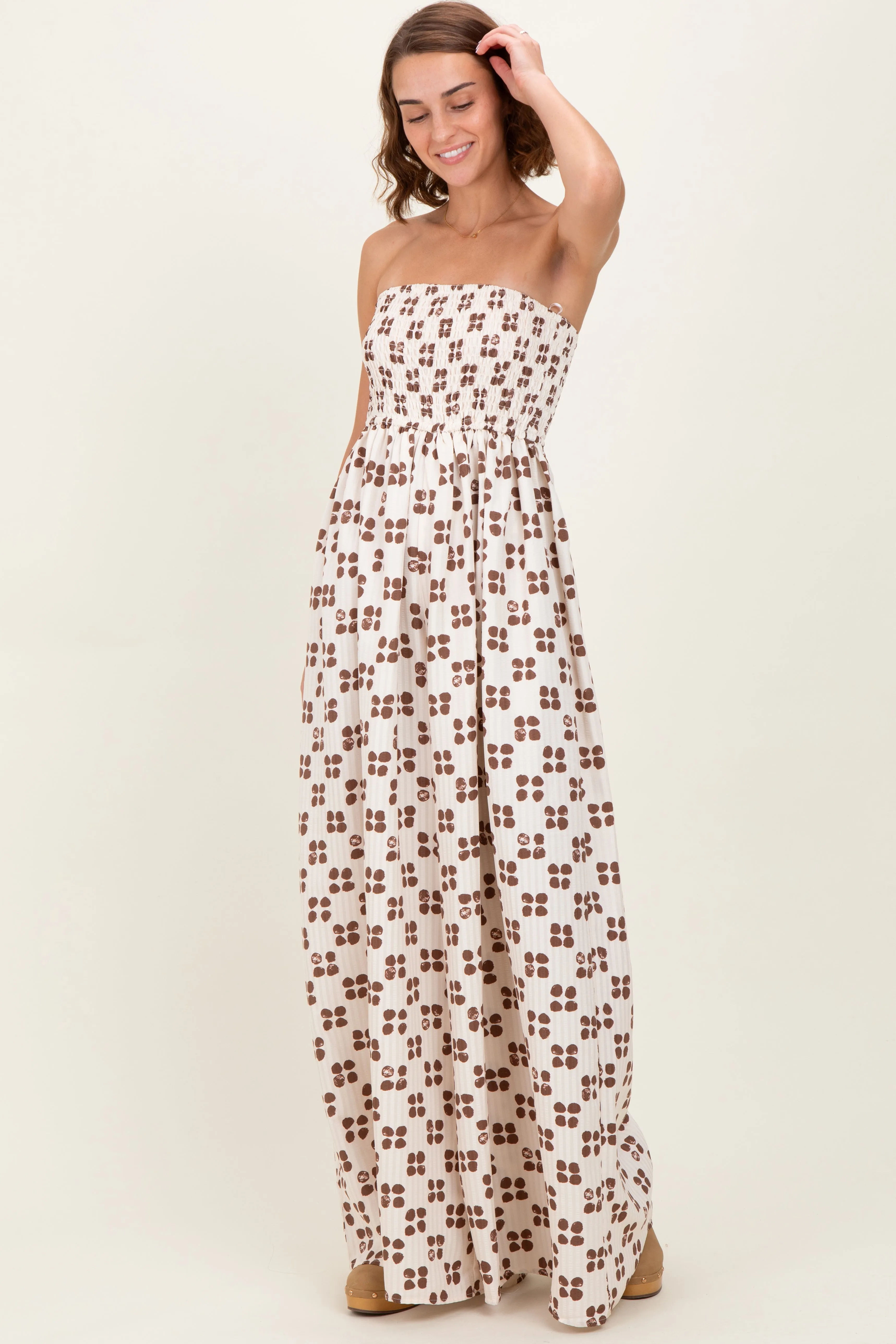 Brown Printed Smocked Wide Leg Jumpsuit sold by Pinkblush product image thumbnail 2