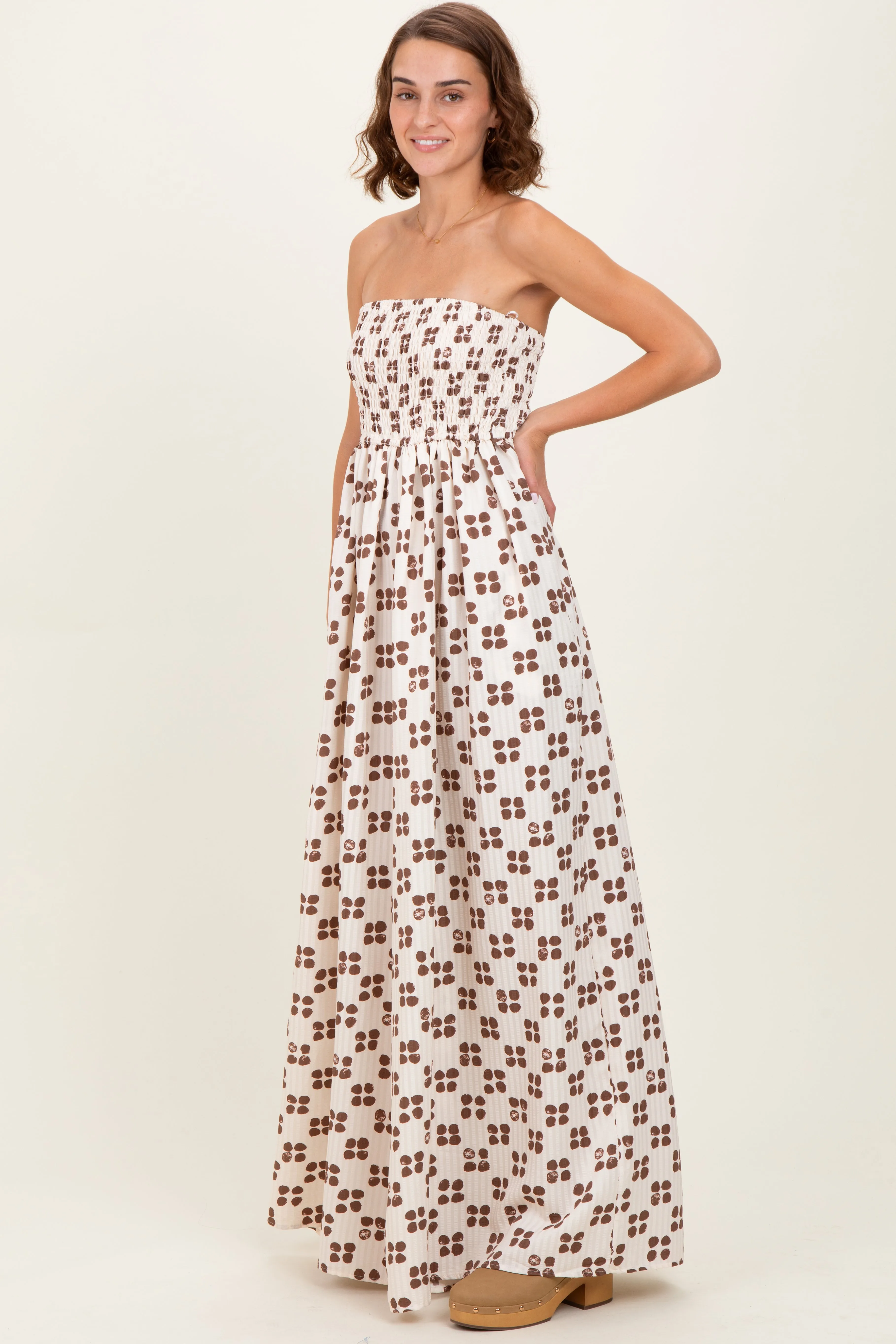 Brown Printed Smocked Wide Leg Jumpsuit sold by Pinkblush product image thumbnail 3