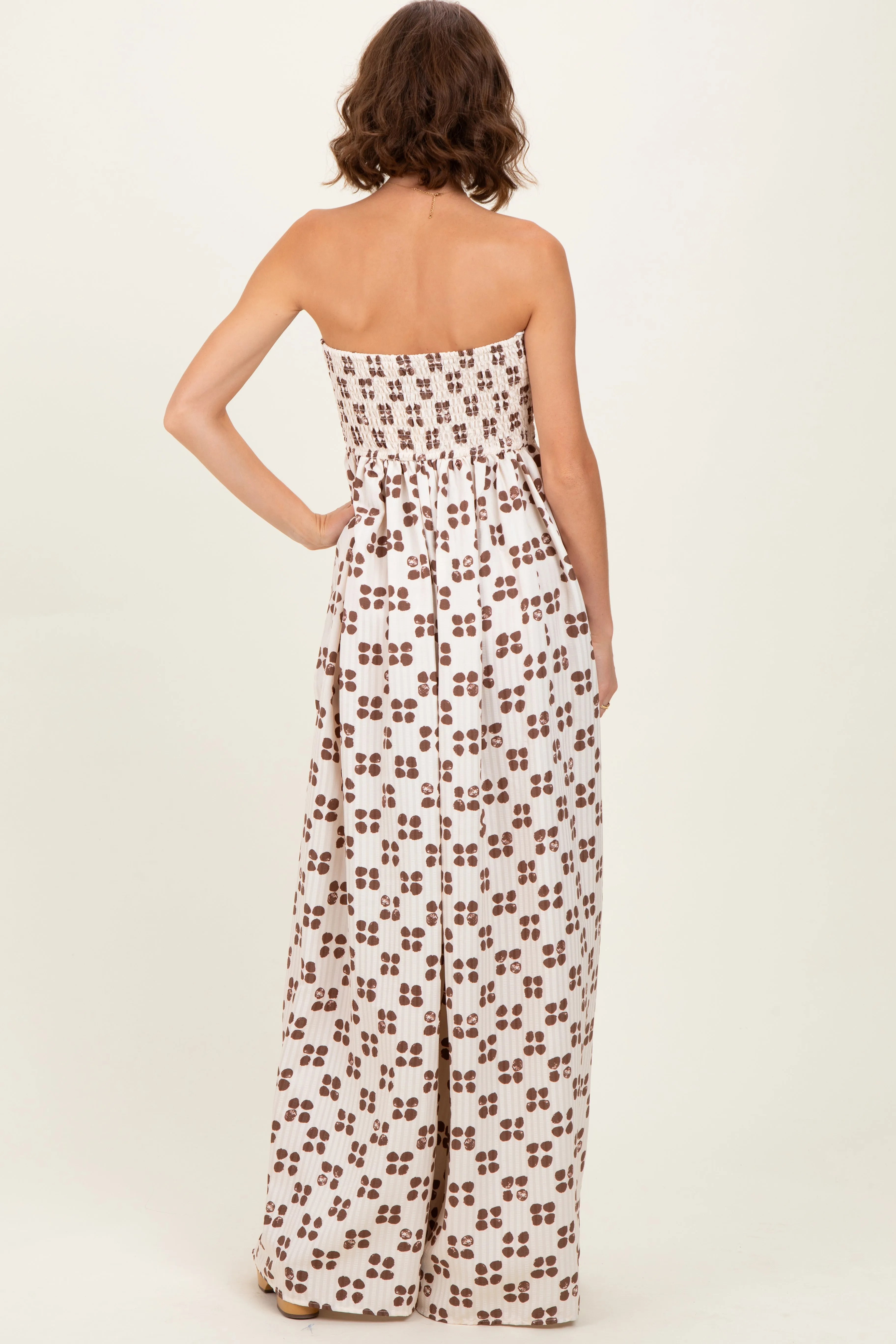 Brown Printed Smocked Wide Leg Jumpsuit sold by Pinkblush product image thumbnail 4