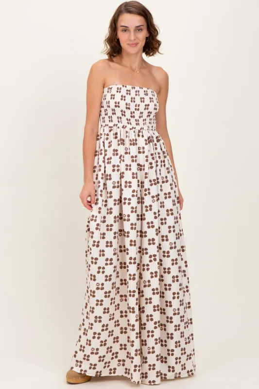 Brown Printed Smocked Wide Leg Jumpsuit sold by Pinkblush