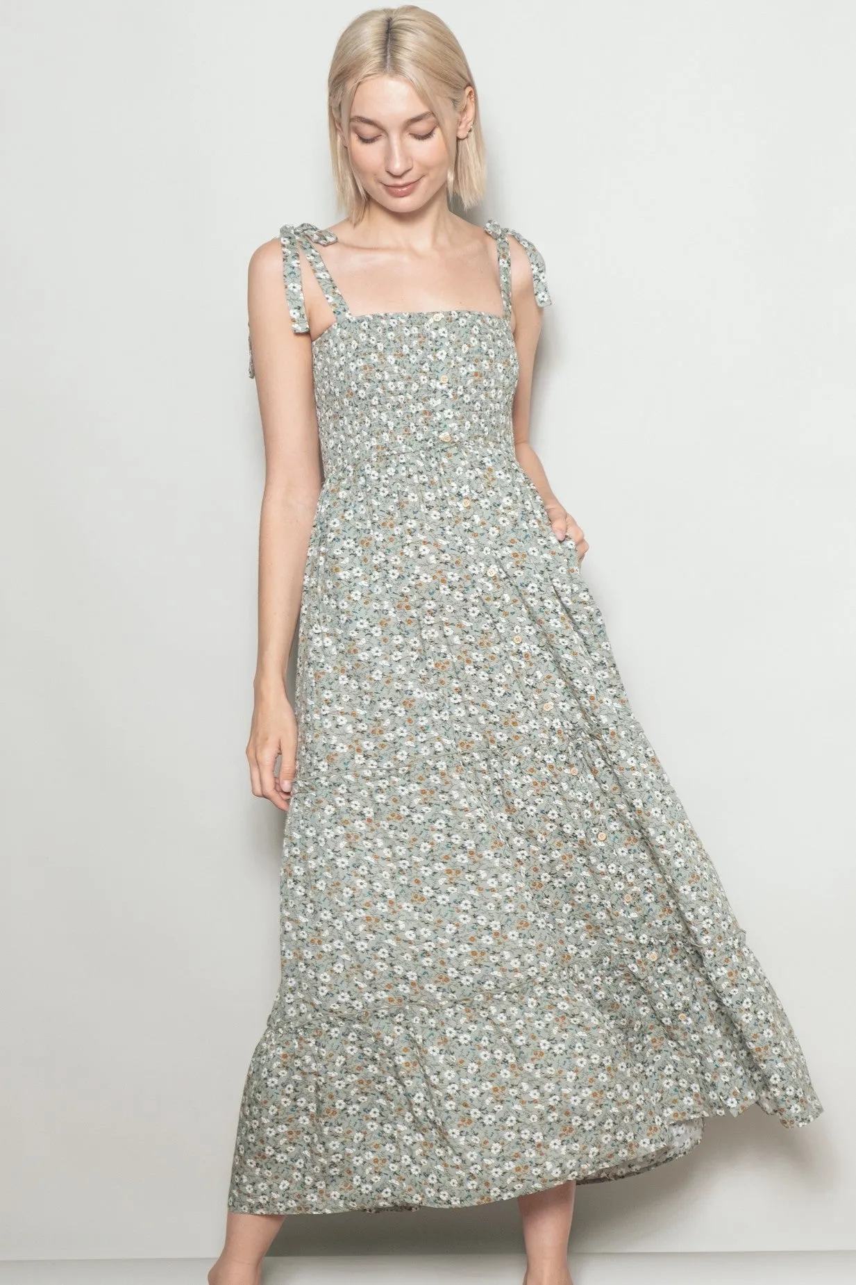 Light Olive Floral Button Down Shoulder Tie Maternity Maxi Dress sold by Pinkblush product image thumbnail 5