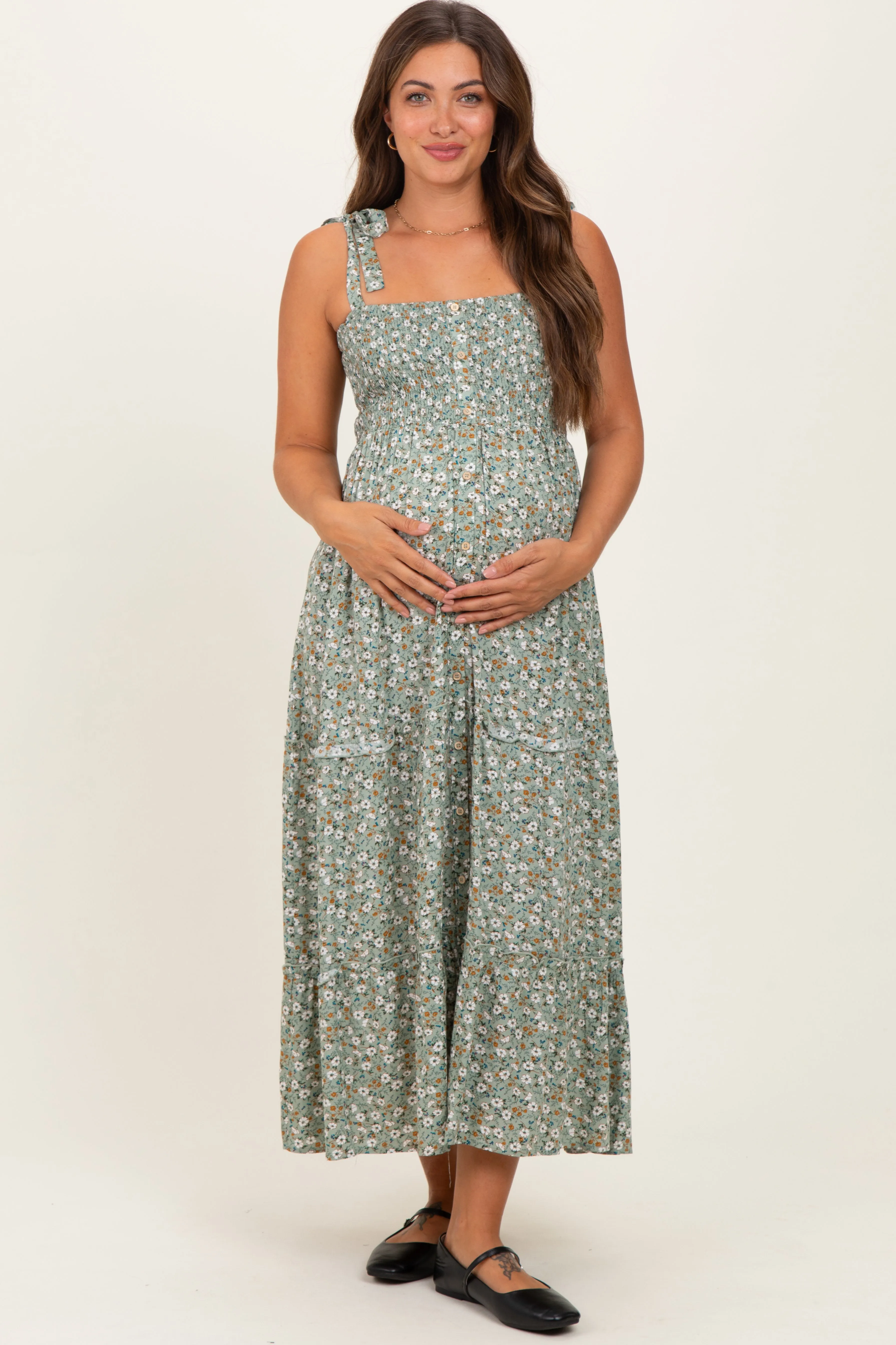 Light Olive Floral Button Down Shoulder Tie Maternity Maxi Dress sold by Pinkblush product image thumbnail 2