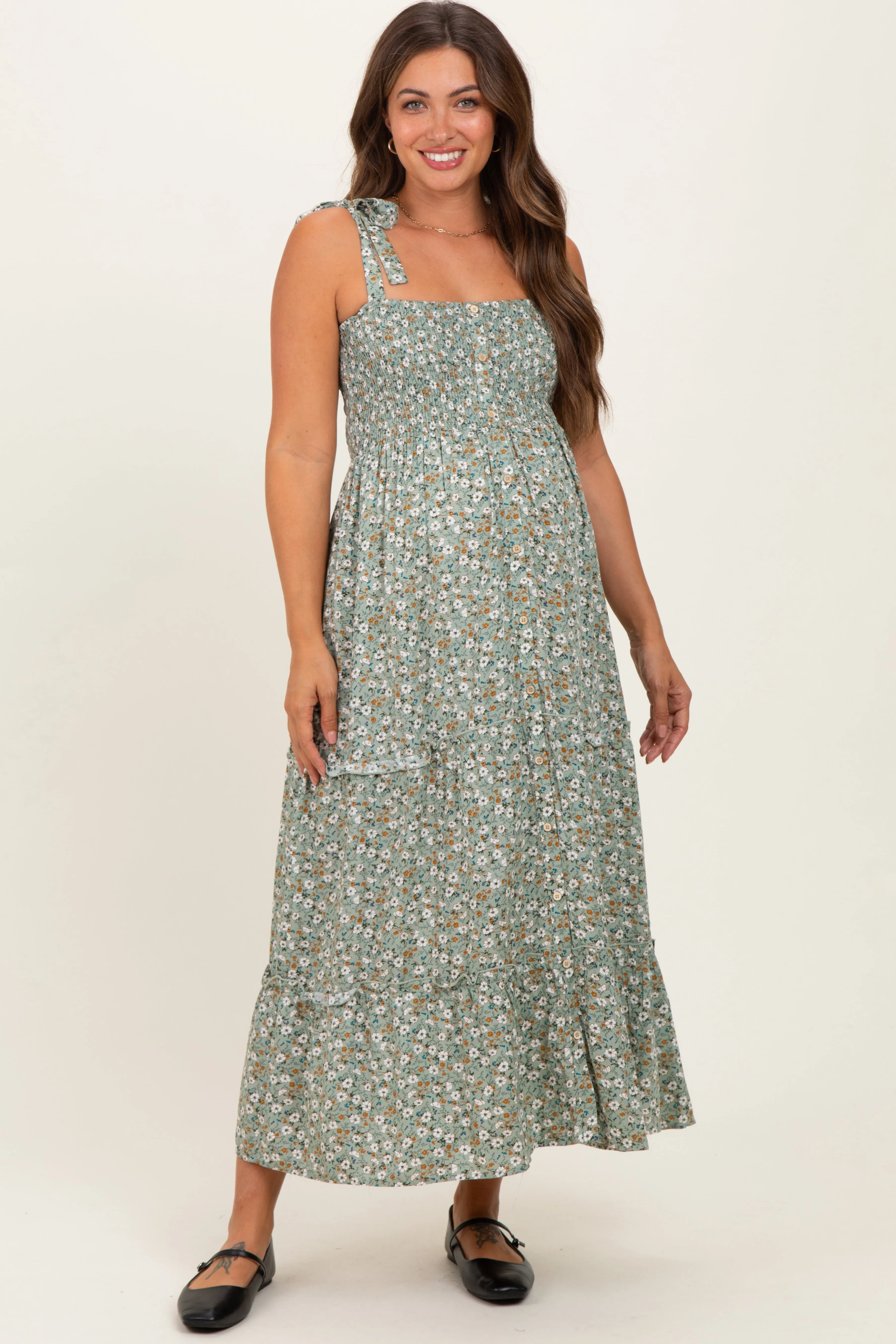 Light Olive Floral Button Down Shoulder Tie Maternity Maxi Dress sold by Pinkblush