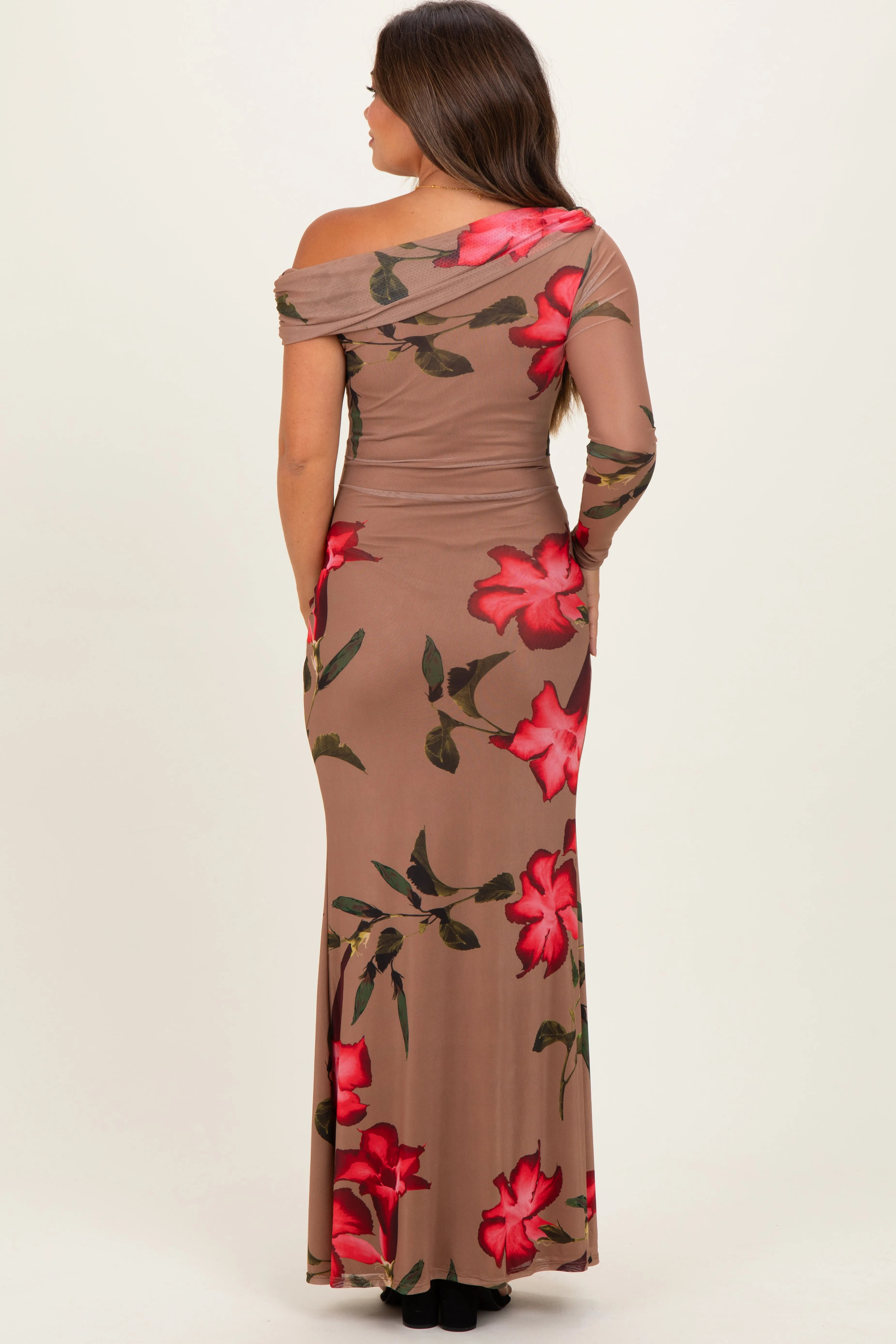 Mocha Floral Off Shoulder One Sleeve Maternity Maxi Dress sold by Pinkblush product image thumbnail 4