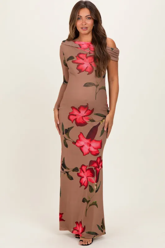 Mocha Floral Off Shoulder One Sleeve Maternity Maxi Dress sold by Pinkblush