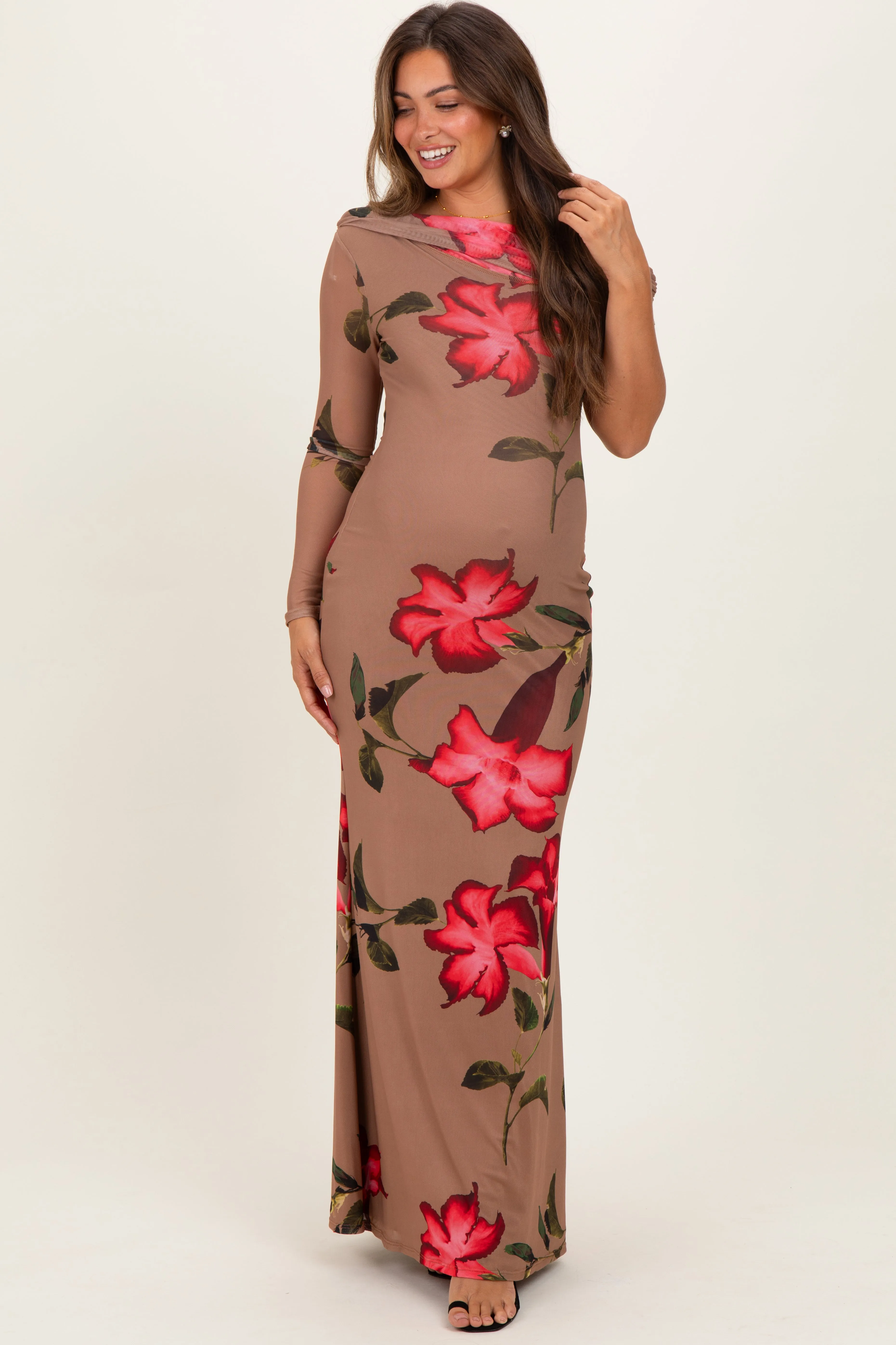 Mocha Floral Off Shoulder One Sleeve Maternity Maxi Dress sold by Pinkblush product image thumbnail 2
