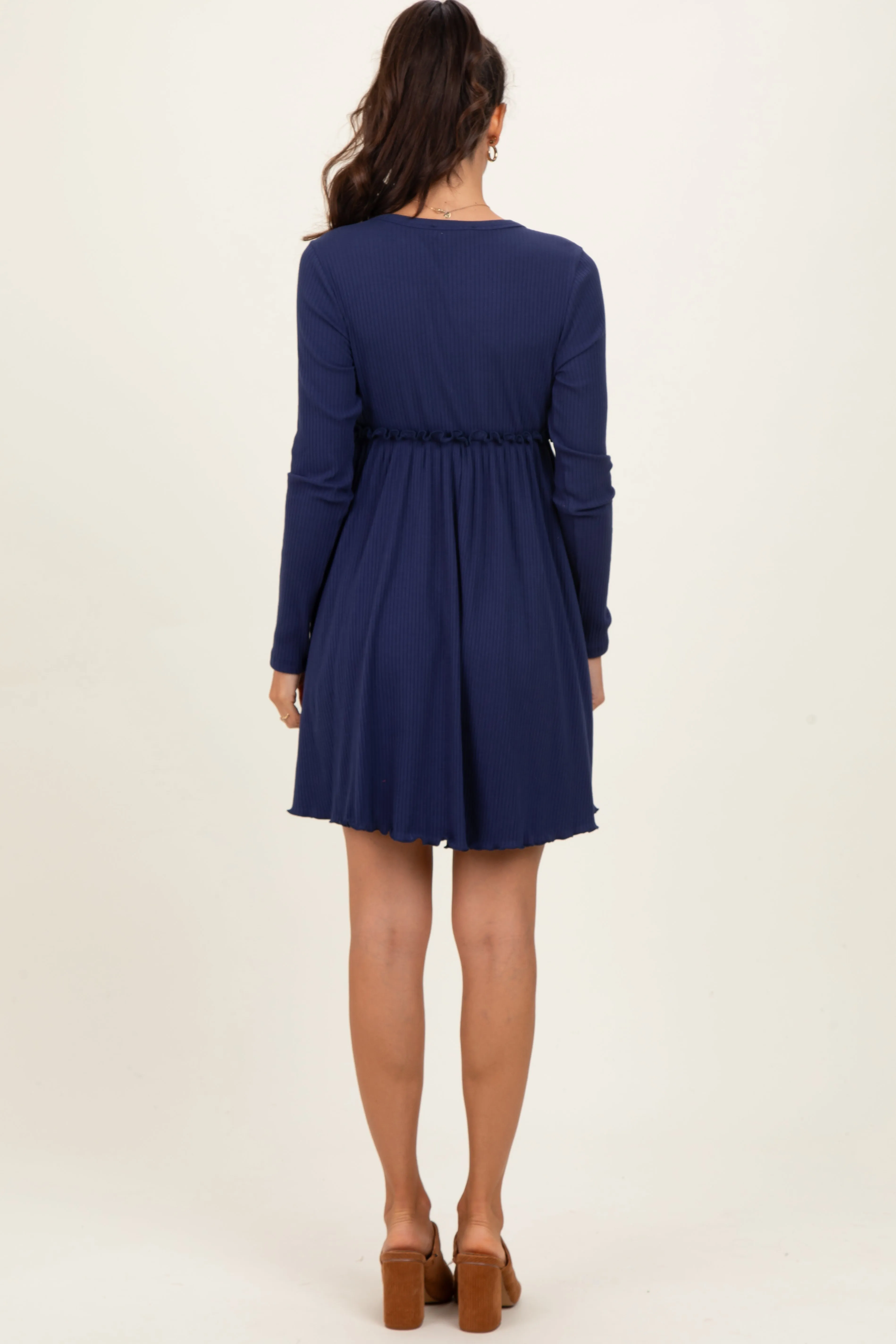 Navy Solid Ribbed Long Sleeve Crewneck Shirring Mini Dress sold by Pinkblush product image thumbnail 4