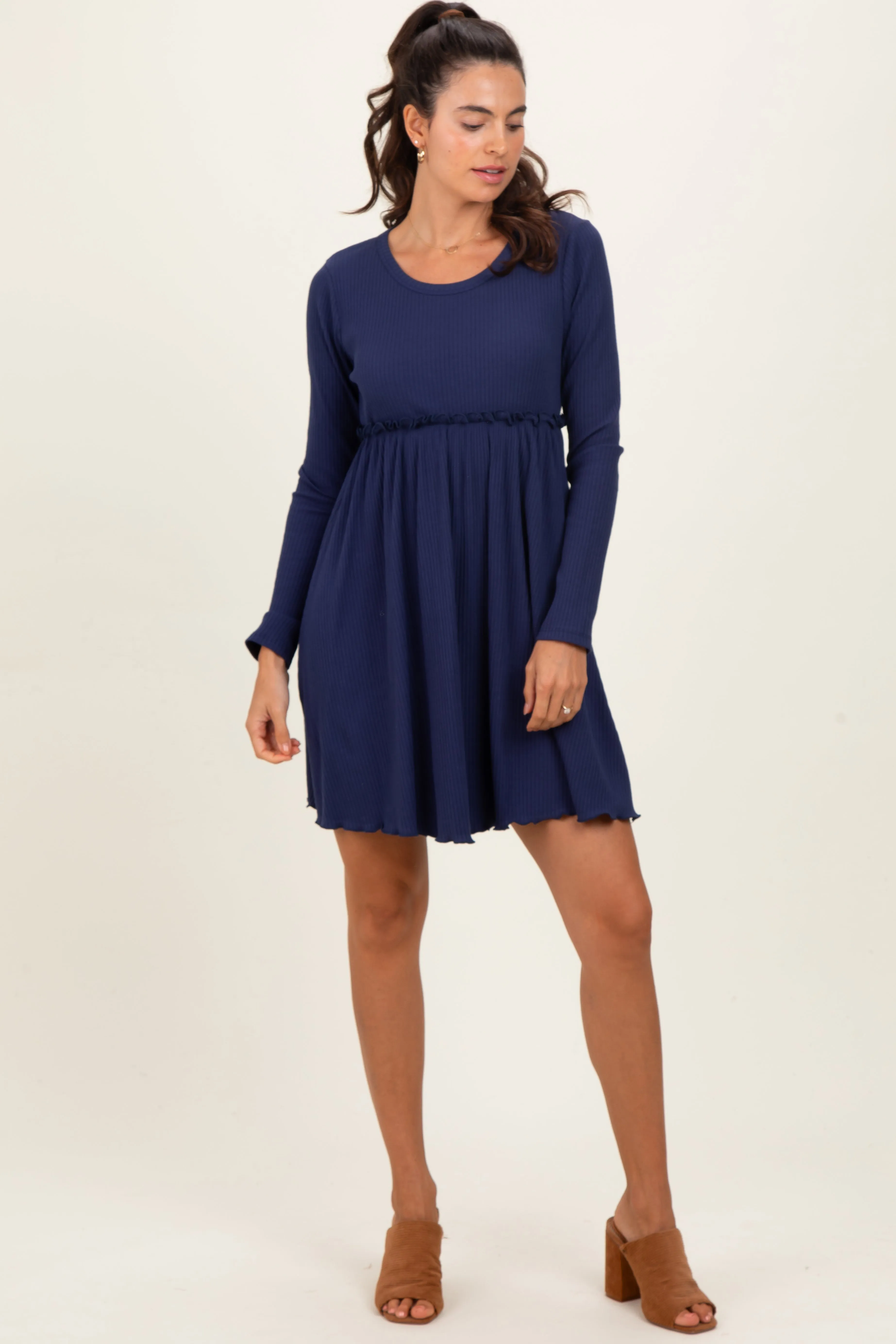 Navy Solid Ribbed Long Sleeve Crewneck Shirring Mini Dress sold by Pinkblush