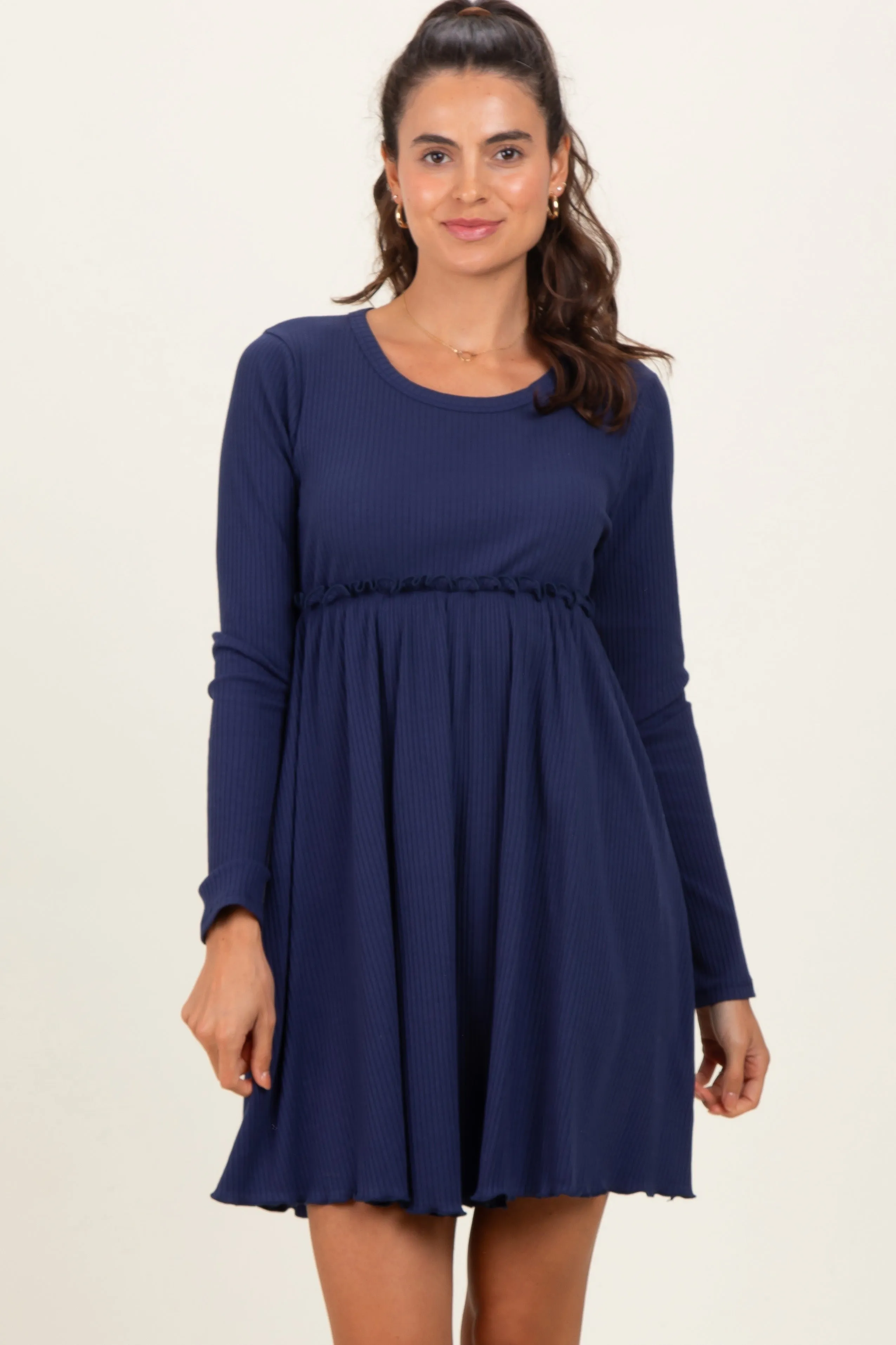 Navy Solid Ribbed Long Sleeve Crewneck Shirring Mini Dress sold by Pinkblush product image thumbnail 2