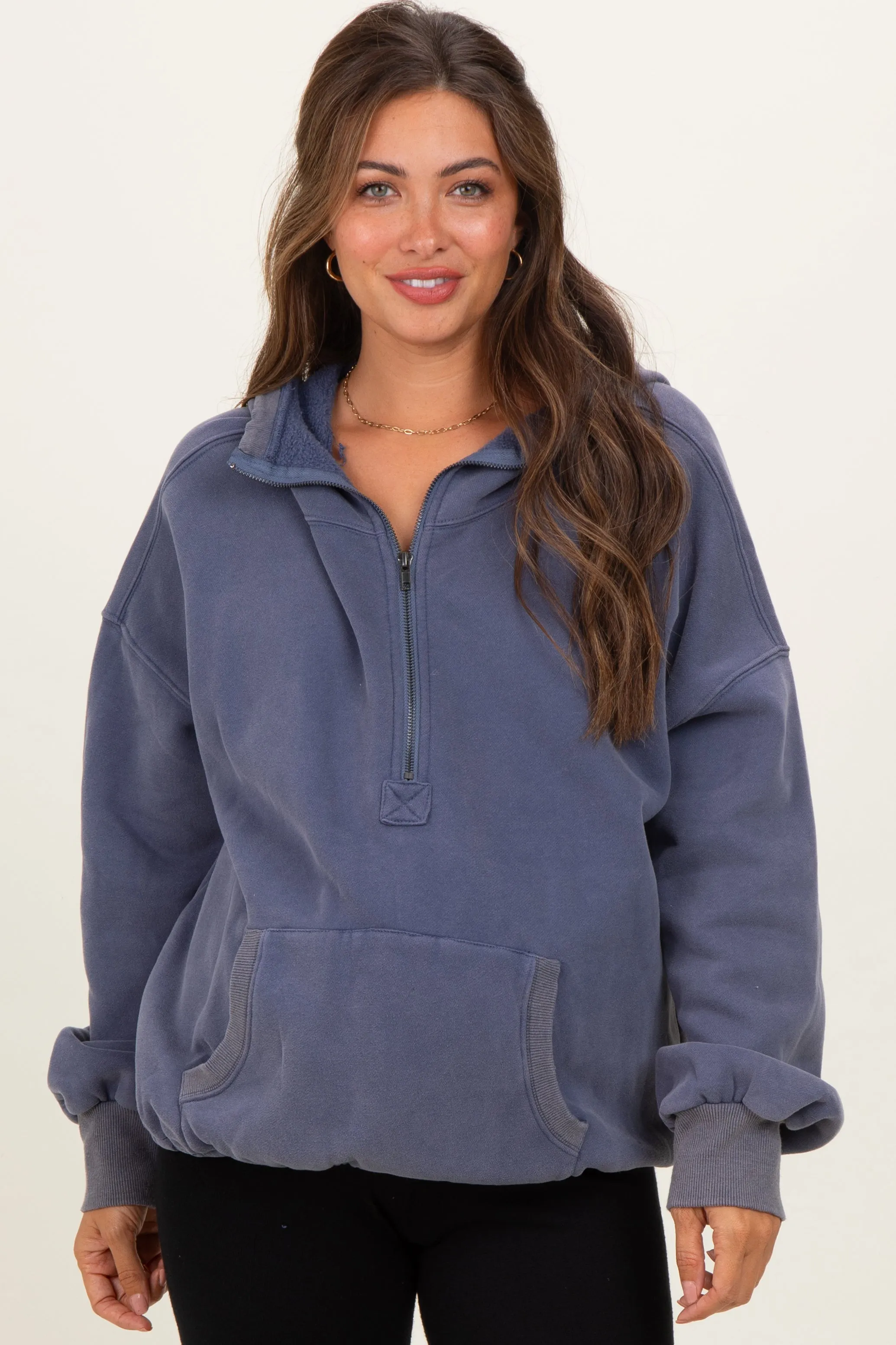 Navy Fleece Half Zip Drop Shoulder Maternity Hoodie sold by Pinkblush