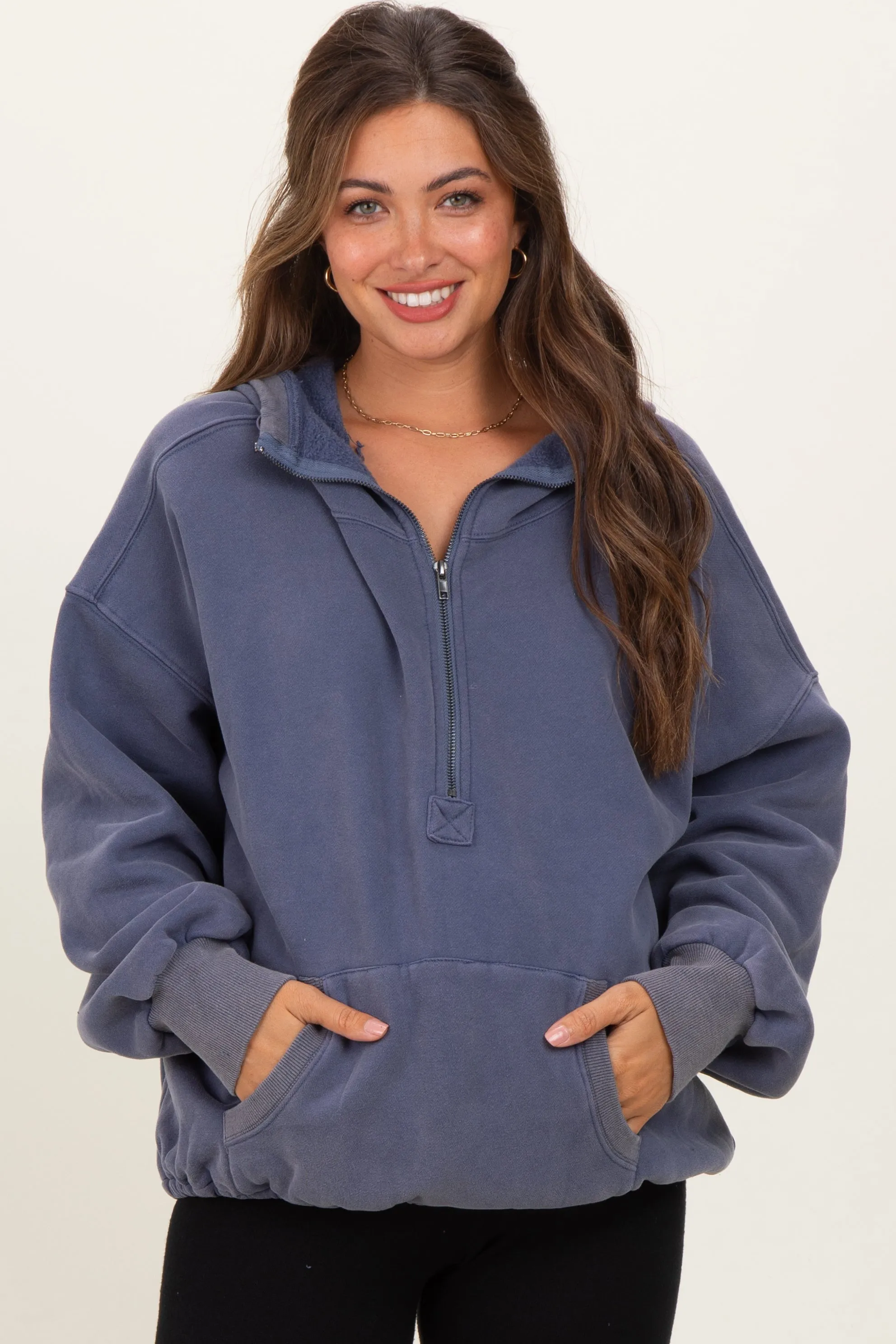 Navy Fleece Half Zip Drop Shoulder Maternity Hoodie sold by Pinkblush product image thumbnail 2