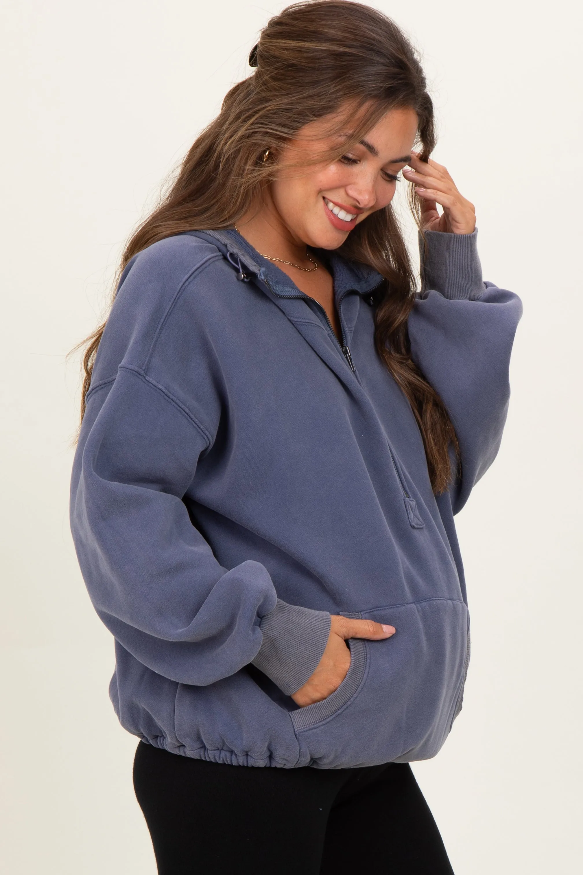 Navy Fleece Half Zip Drop Shoulder Maternity Hoodie sold by Pinkblush product image thumbnail 3