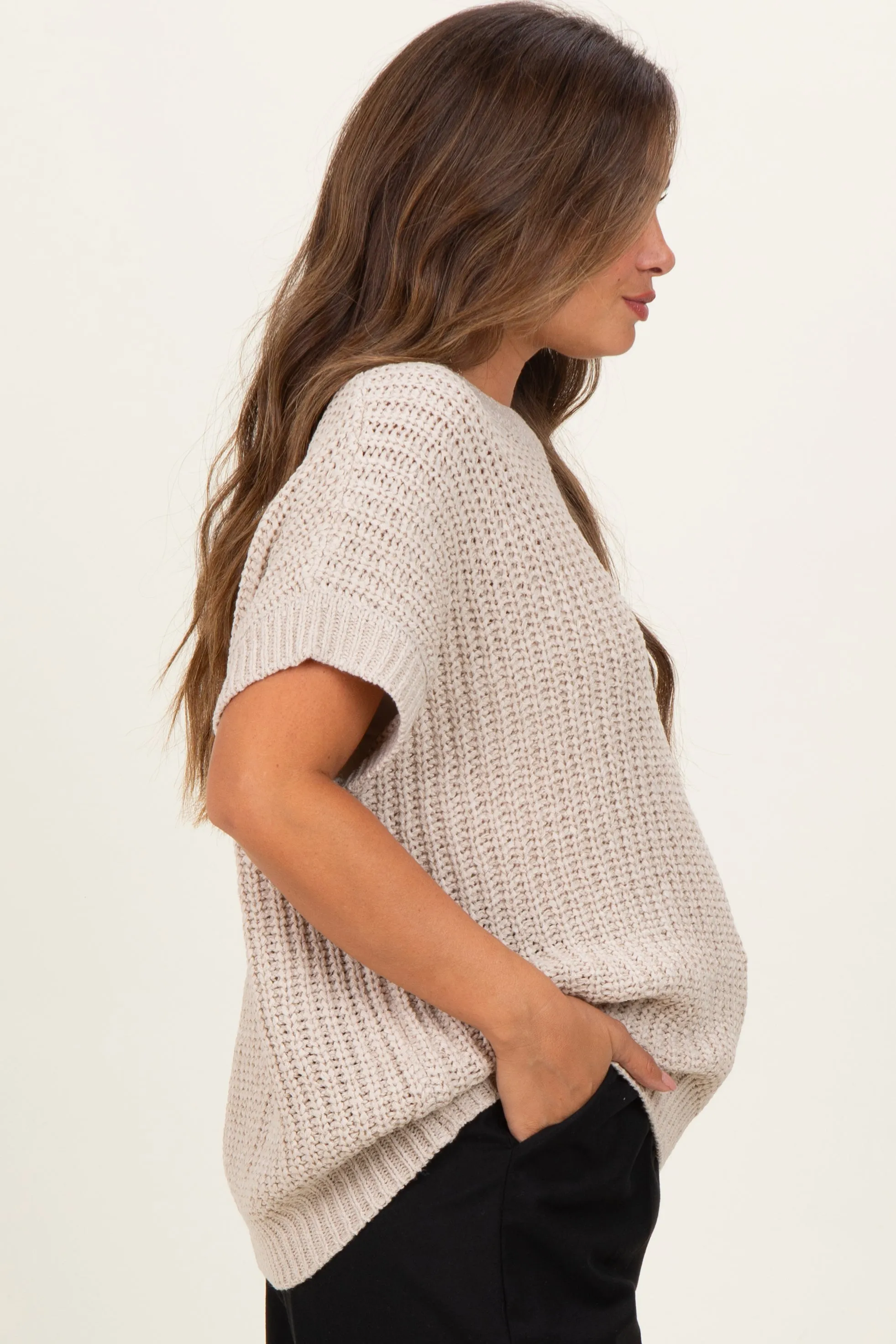 Beige Short Sleeve Round Neck Maternity Sweater sold by Pinkblush product image thumbnail 2