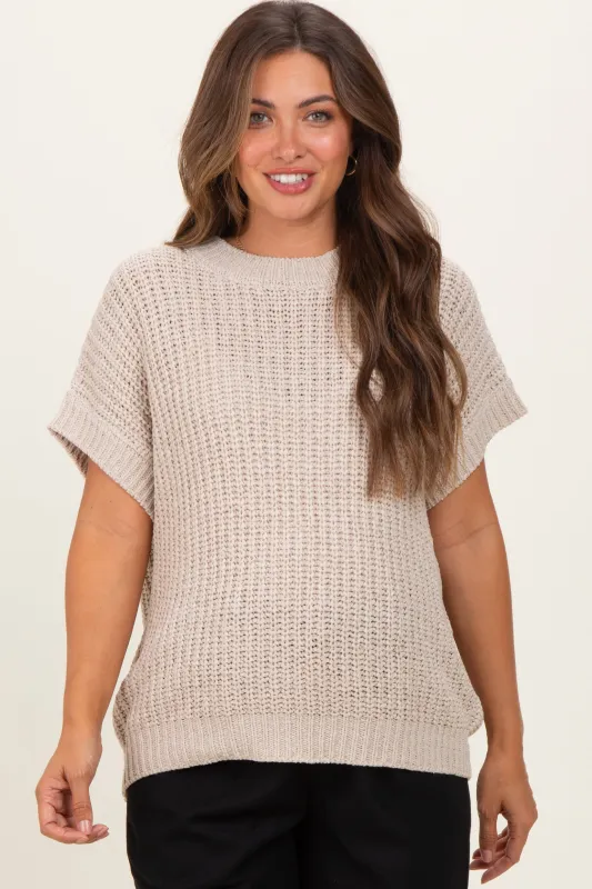 Beige Short Sleeve Round Neck Maternity Sweater sold by Pinkblush