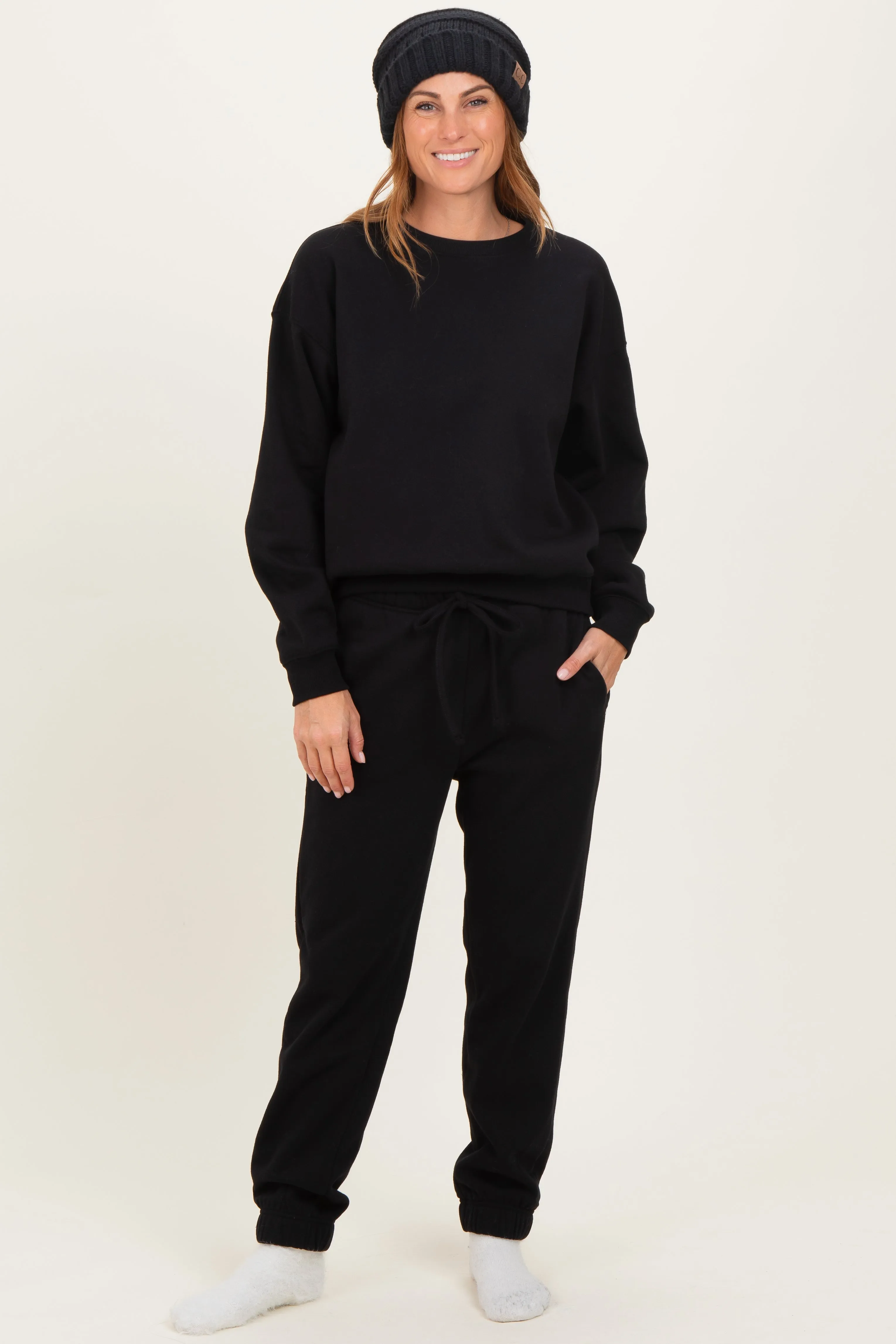 Black Fleece Long Sleeve Pullover & Jogger Set sold by Pinkblush