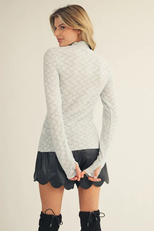Light Blue Thumbhole Sleeves Mock Neck Lace Top sold by Pinkblush product image thumbnail 2