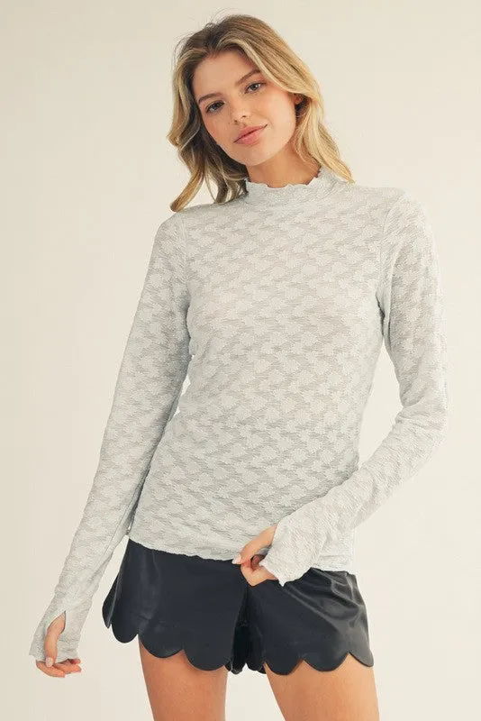 Light Blue Thumbhole Sleeves Mock Neck Lace Top sold by Pinkblush