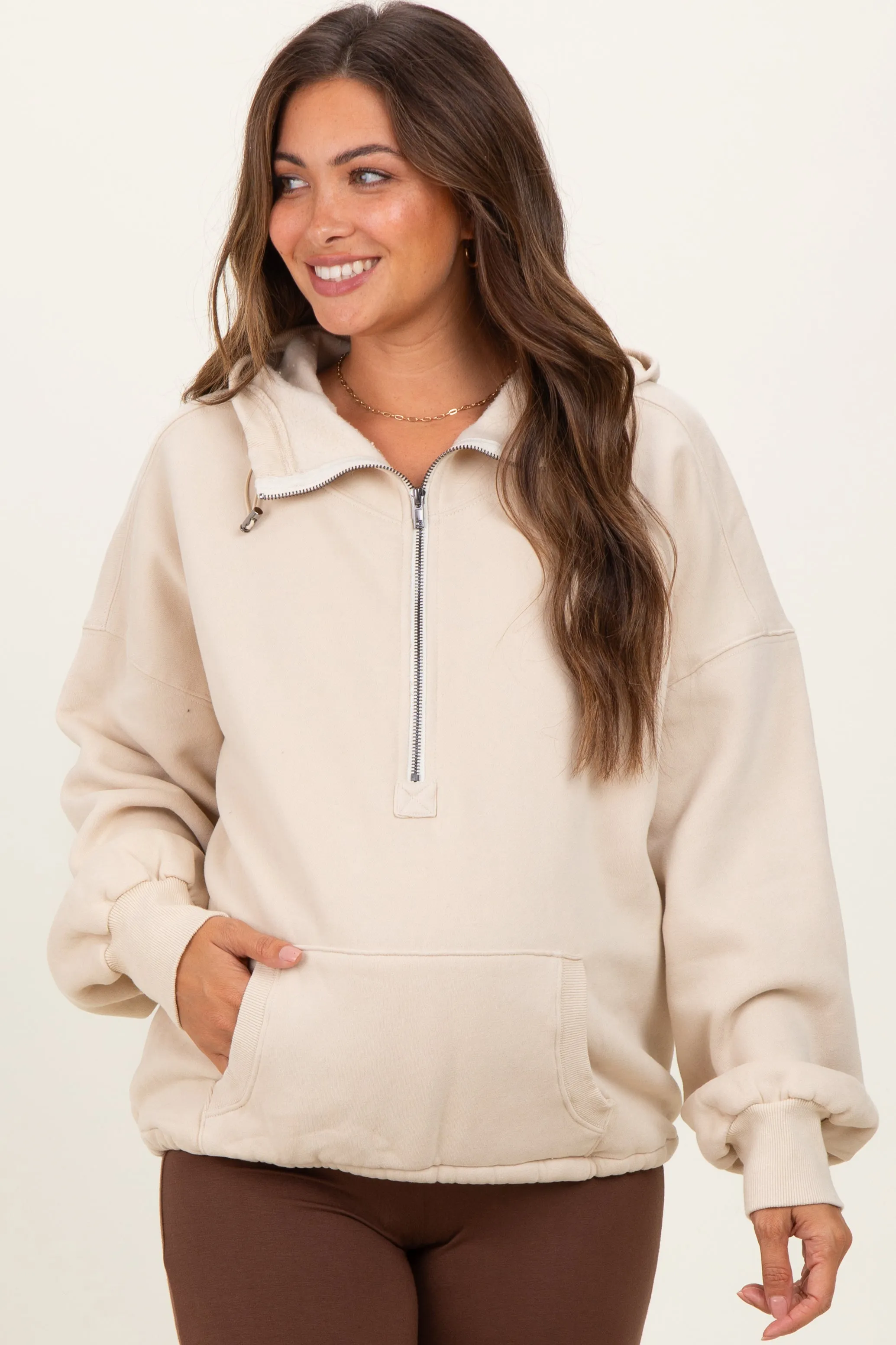 Cream Fleece Half Zip Drop Shoulder Maternity Hoodie sold by Pinkblush