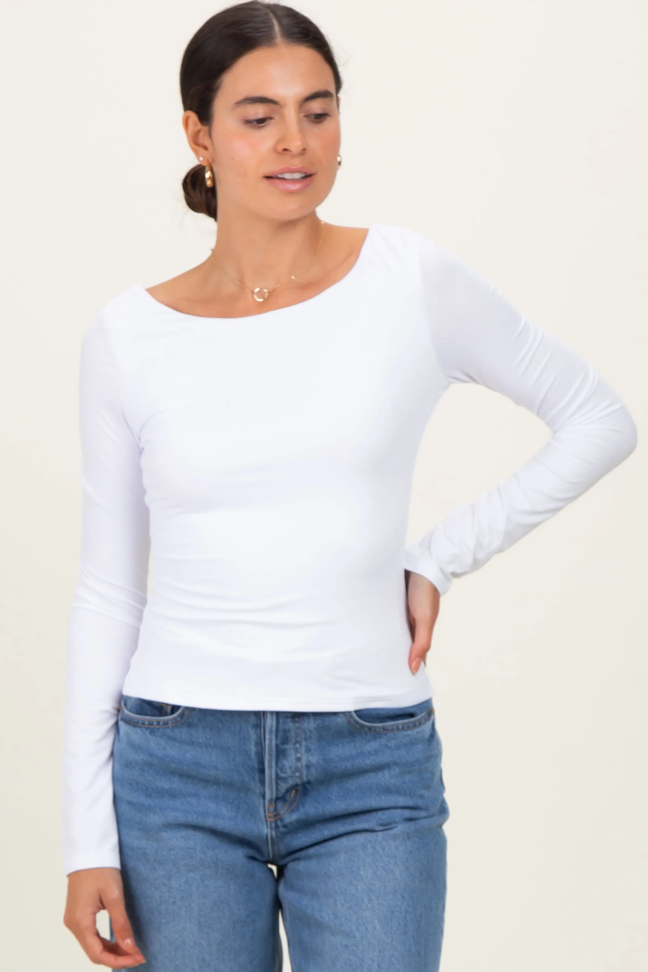 White Scoop Neck Long Sleeve Top sold by Pinkblush product image thumbnail 2