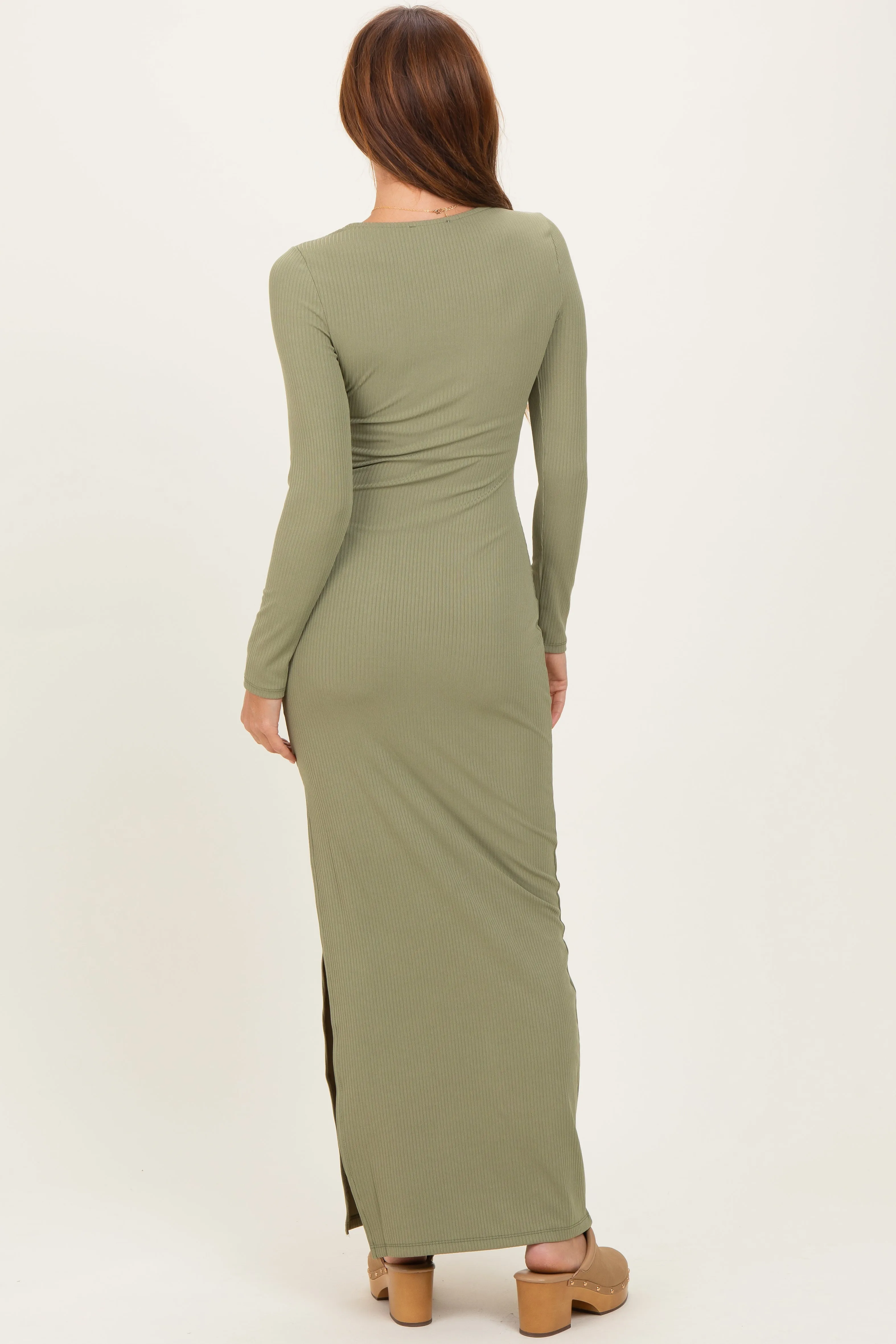 Light Olive Ribbed Long Sleeve Side Slit Maxi Dress sold by Pinkblush product image thumbnail 4