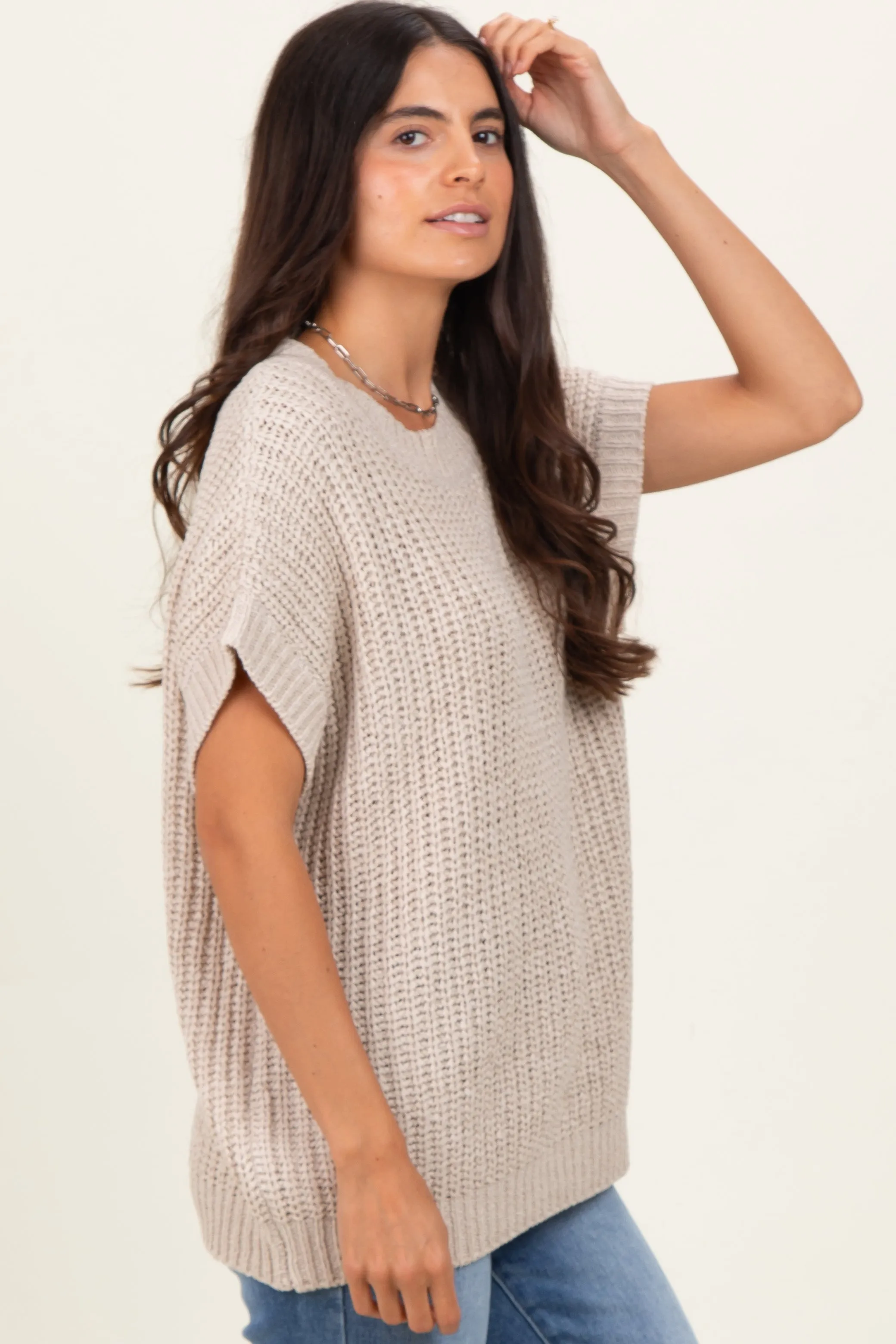 Beige Short Sleeve Round Neck Sweater sold by Pinkblush product image thumbnail 3