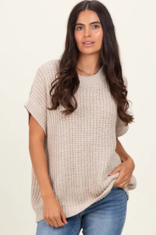 Beige Short Sleeve Round Neck Sweater sold by Pinkblush