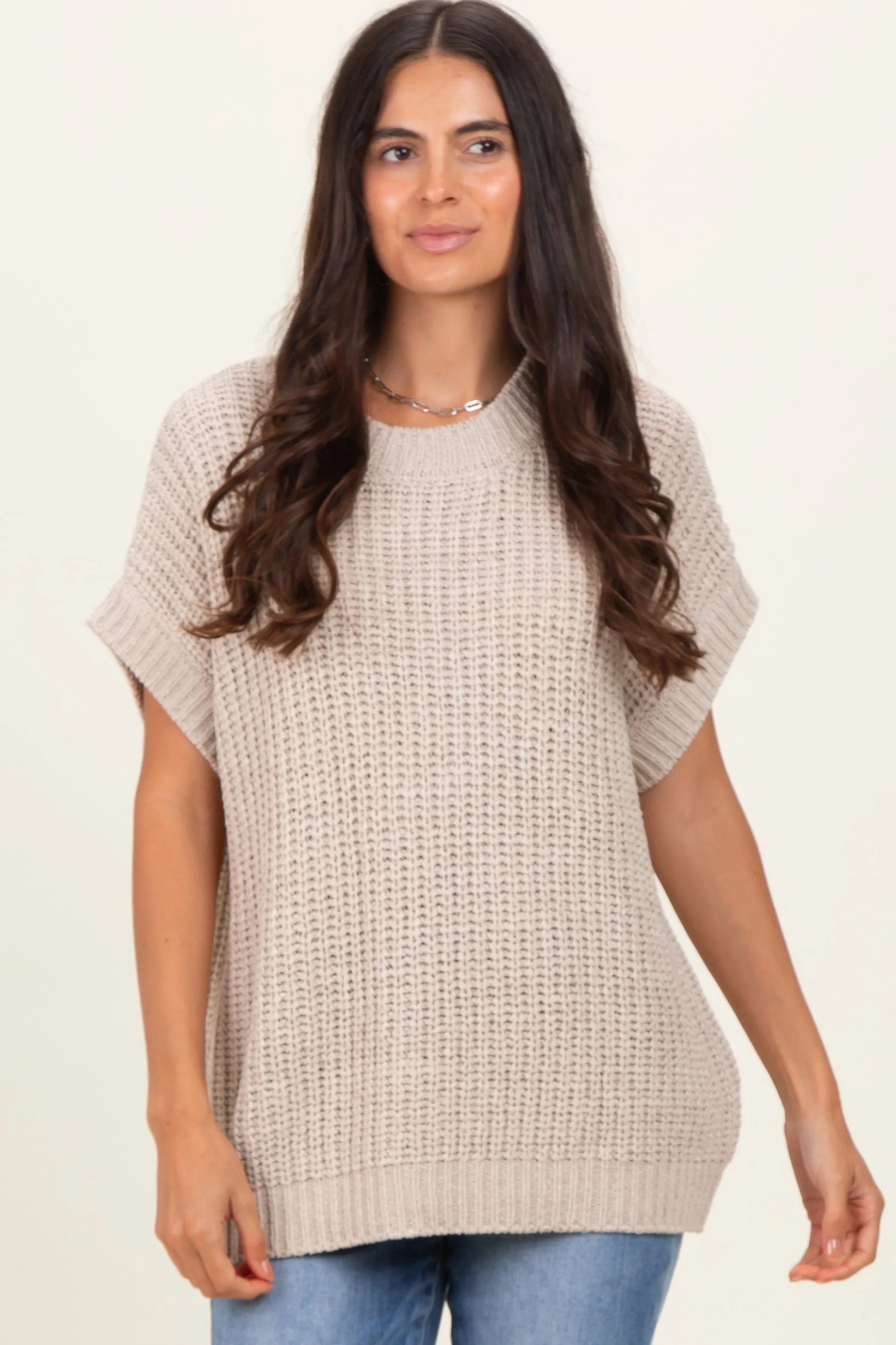 Beige Short Sleeve Round Neck Sweater sold by Pinkblush product image thumbnail 2