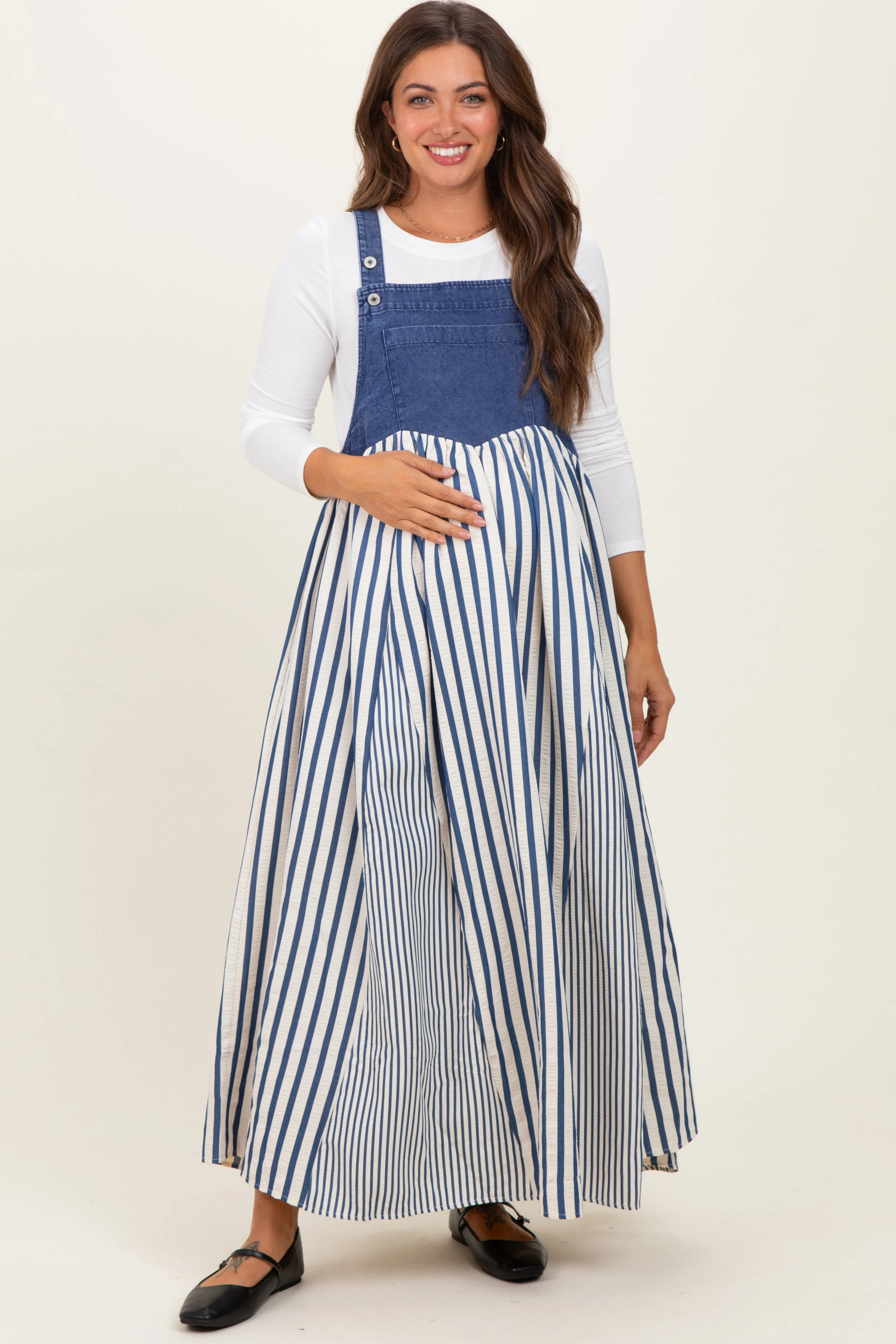 Blue Striped Colorblock Denim Contrast Maternity Maxi Dress sold by Pinkblush product image thumbnail 2