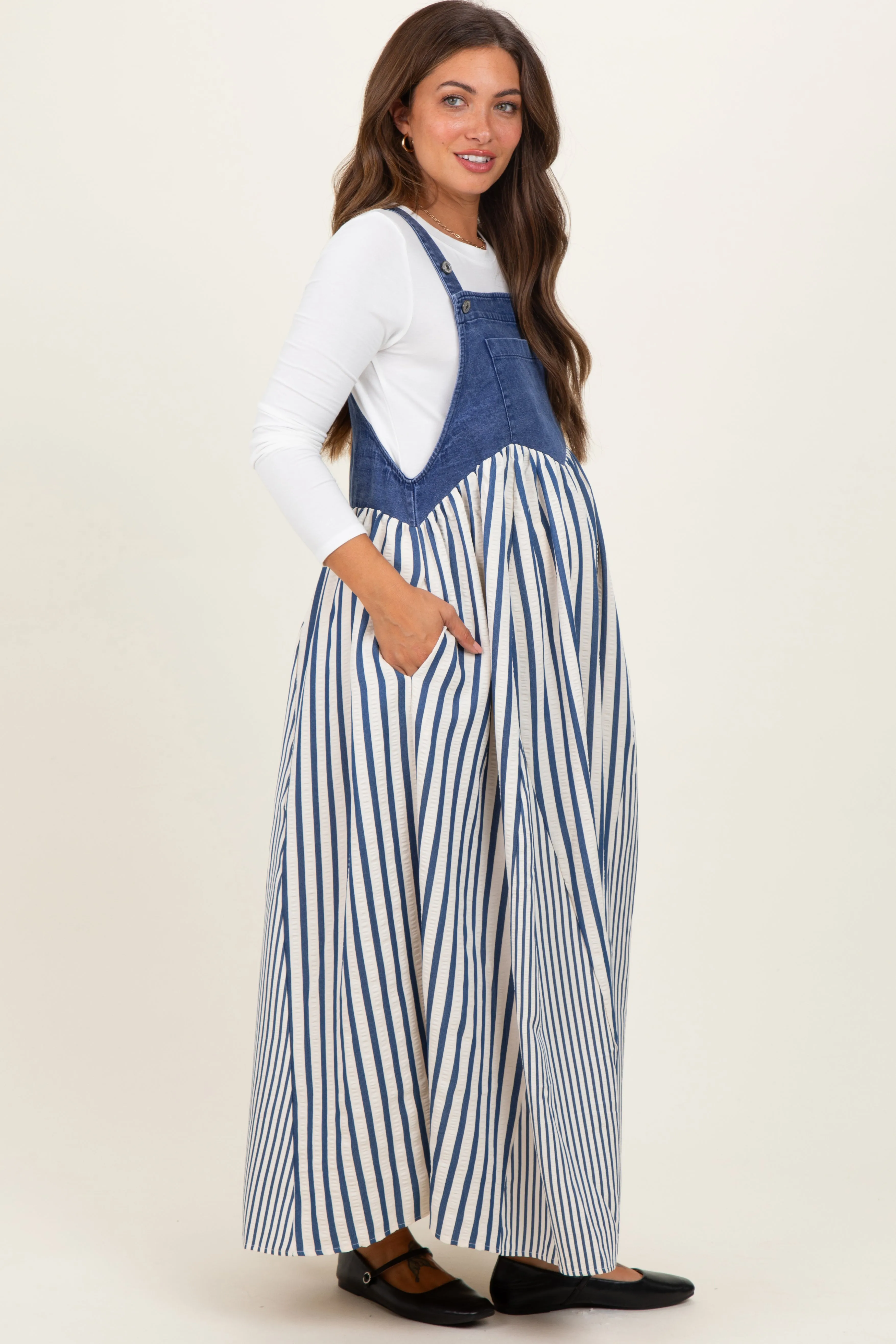 Blue Striped Colorblock Denim Contrast Maternity Maxi Dress sold by Pinkblush product image thumbnail 3