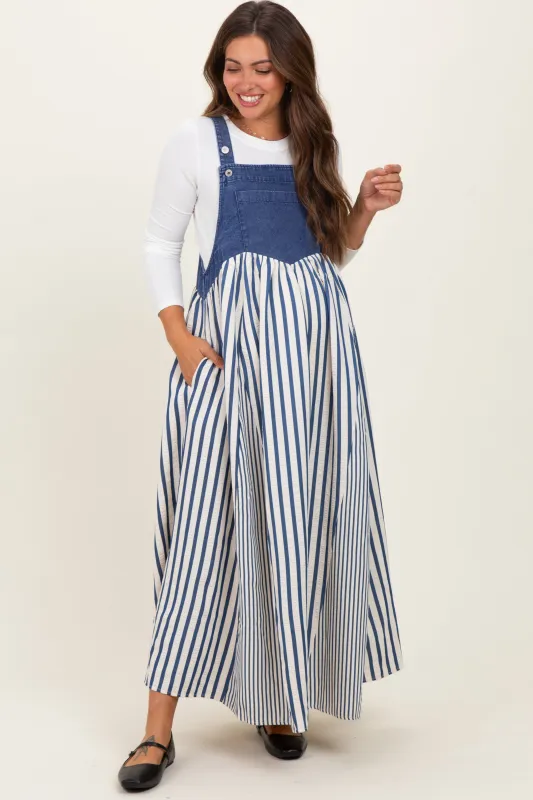 Blue Striped Colorblock Denim Contrast Maternity Maxi Dress sold by Pinkblush