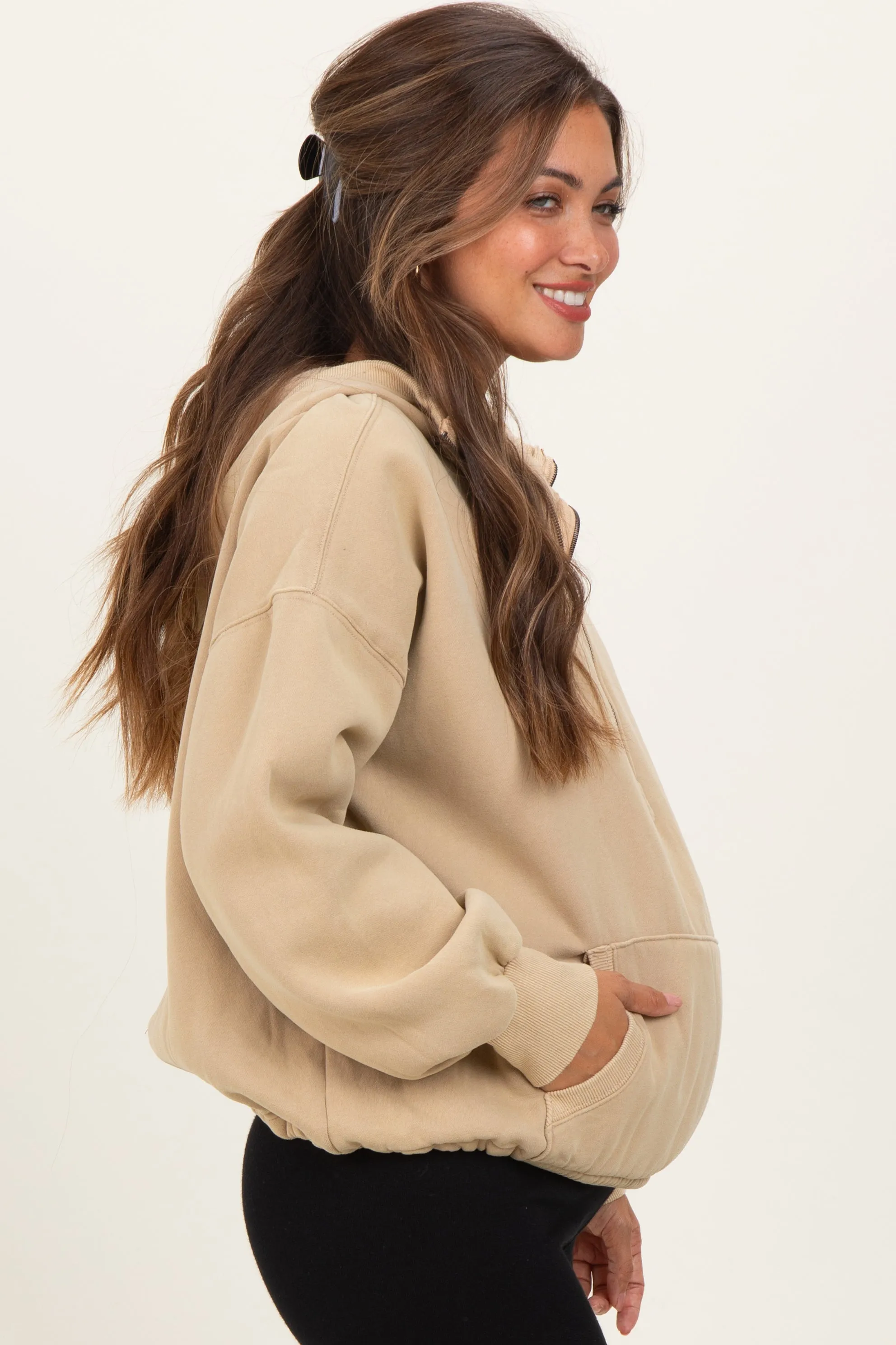 Light Taupe Fleece Half Zip Drop Shoulder Maternity Hoodie sold by Pinkblush product image thumbnail 3