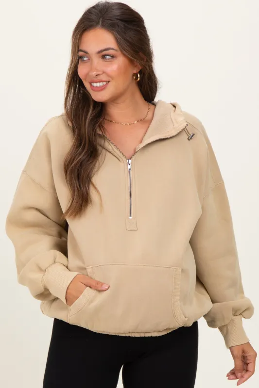 Light Taupe Fleece Half Zip Drop Shoulder Maternity Hoodie sold by Pinkblush