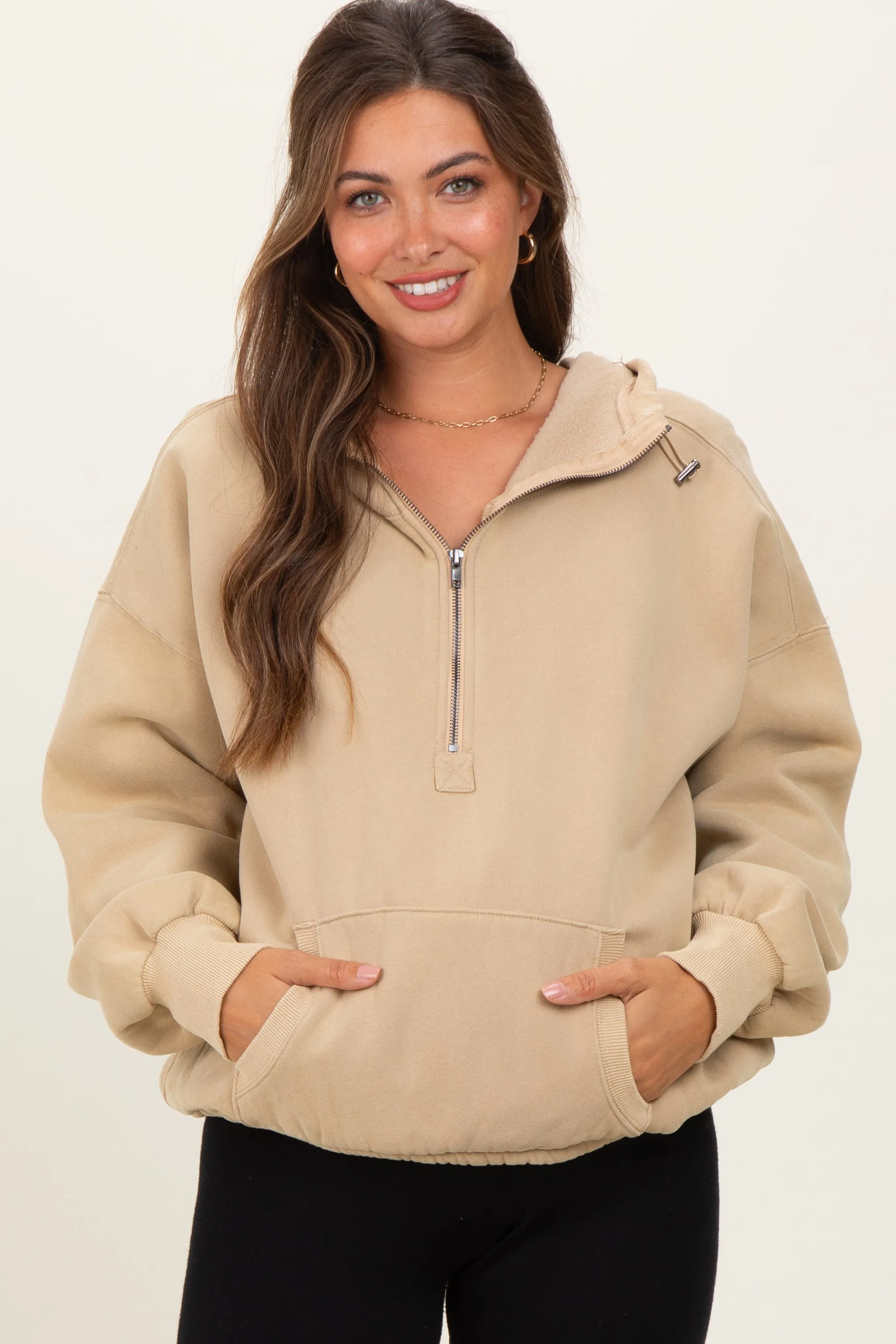 Light Taupe Fleece Half Zip Drop Shoulder Maternity Hoodie sold by Pinkblush product image thumbnail 2