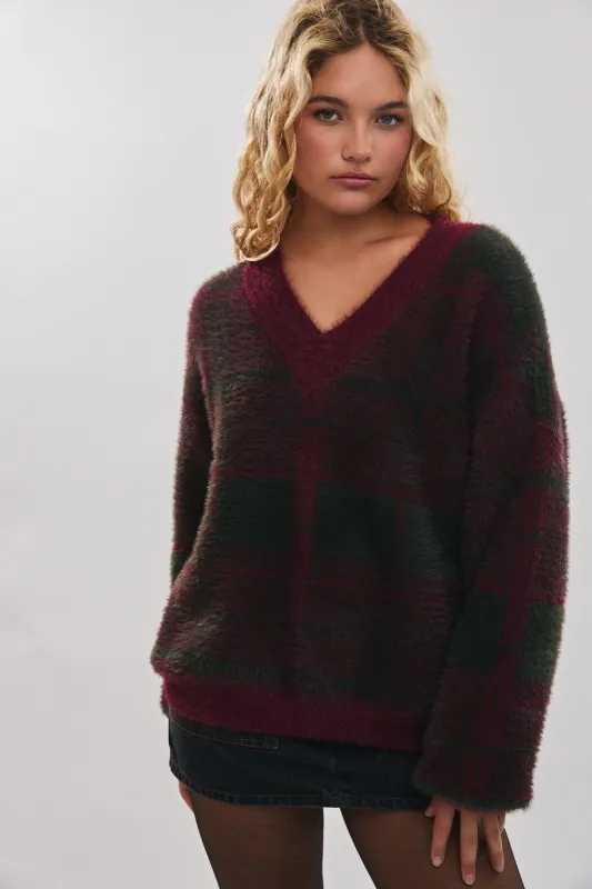 Burgundy Plaid Fuzzy Knit V-Neck Sweater sold by Pinkblush