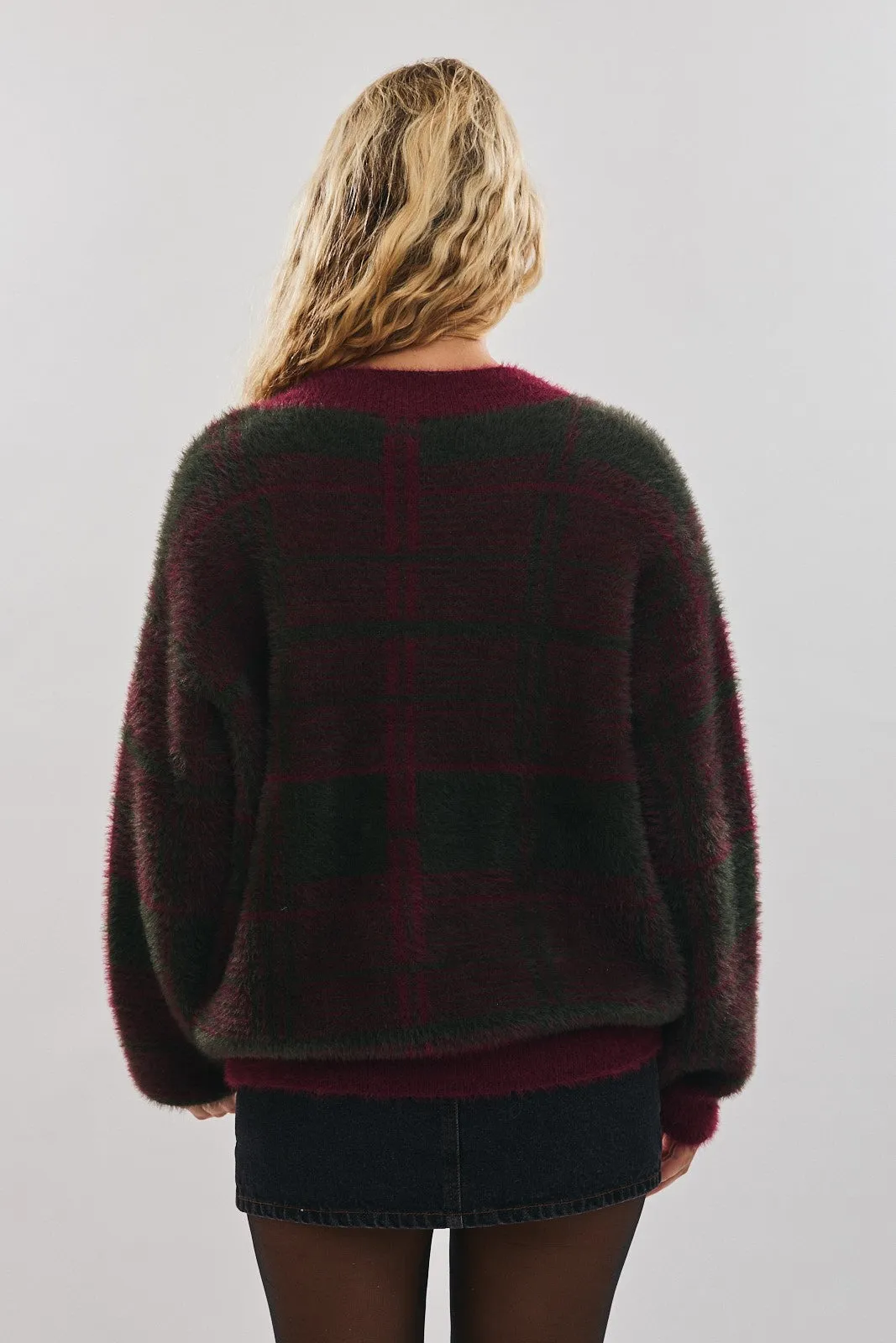 Burgundy Plaid Fuzzy Knit V-Neck Sweater sold by Pinkblush product image thumbnail 3