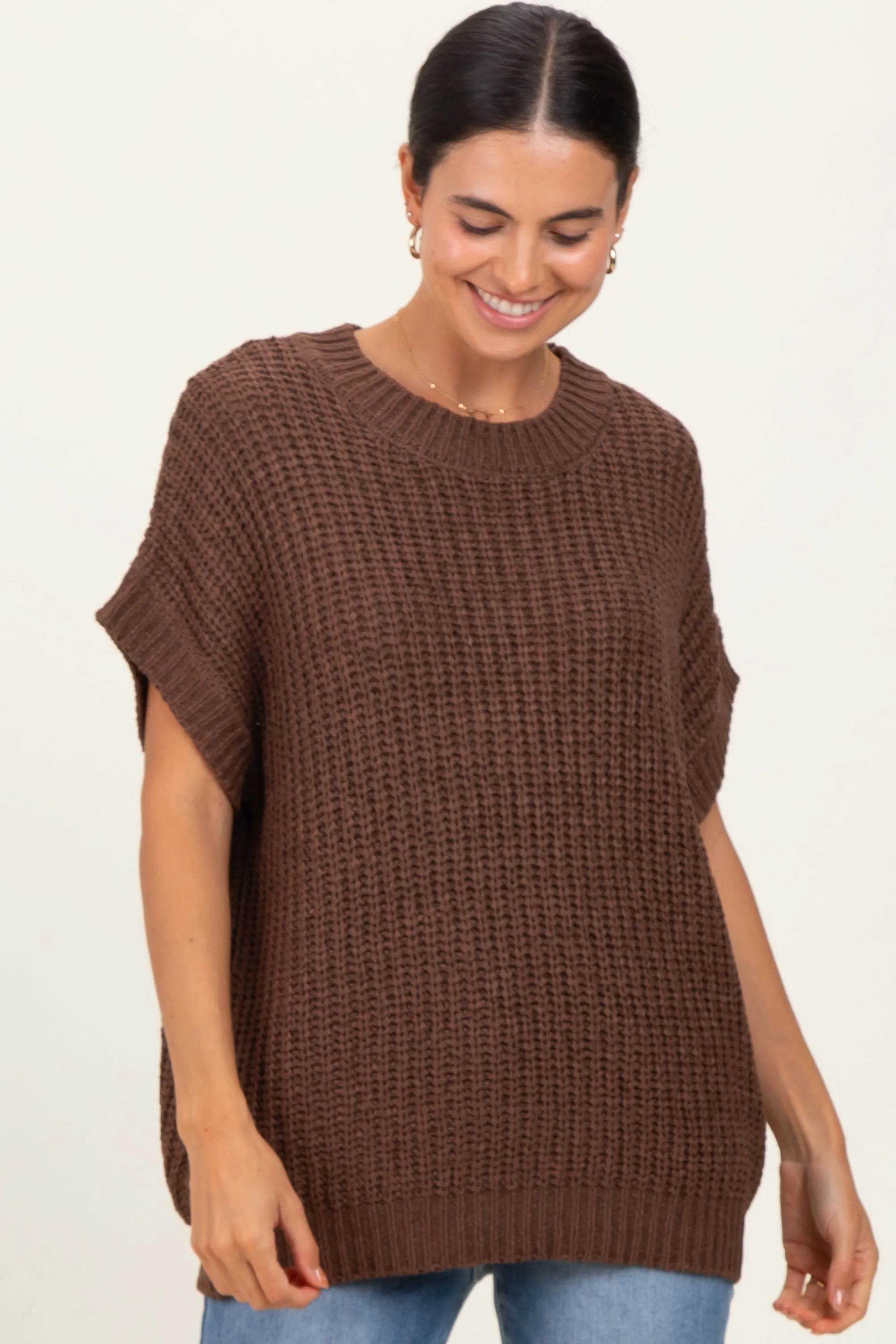 Brown Short Sleeve Round Neck Sweater sold by Pinkblush