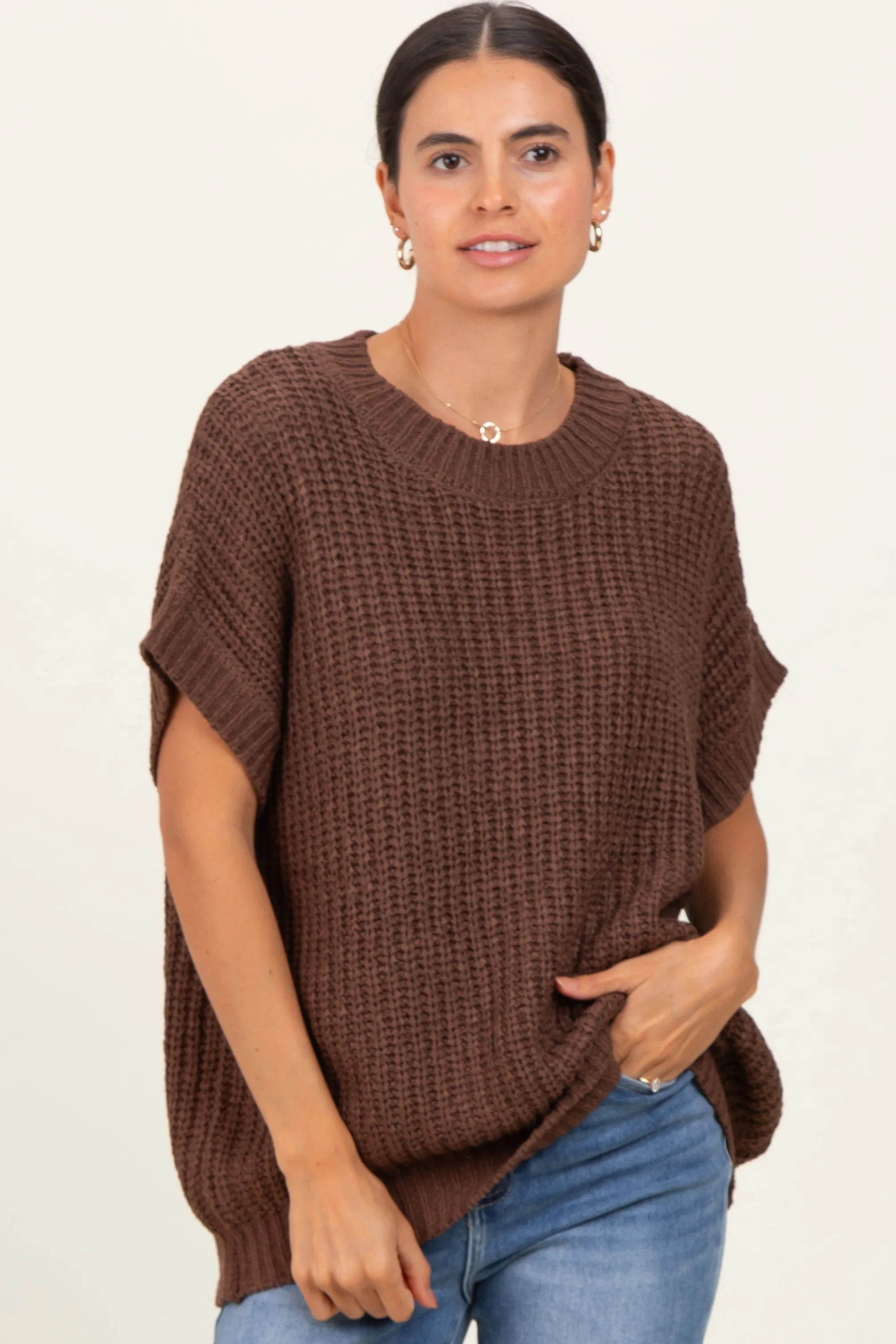Brown Short Sleeve Round Neck Sweater sold by Pinkblush product image thumbnail 2