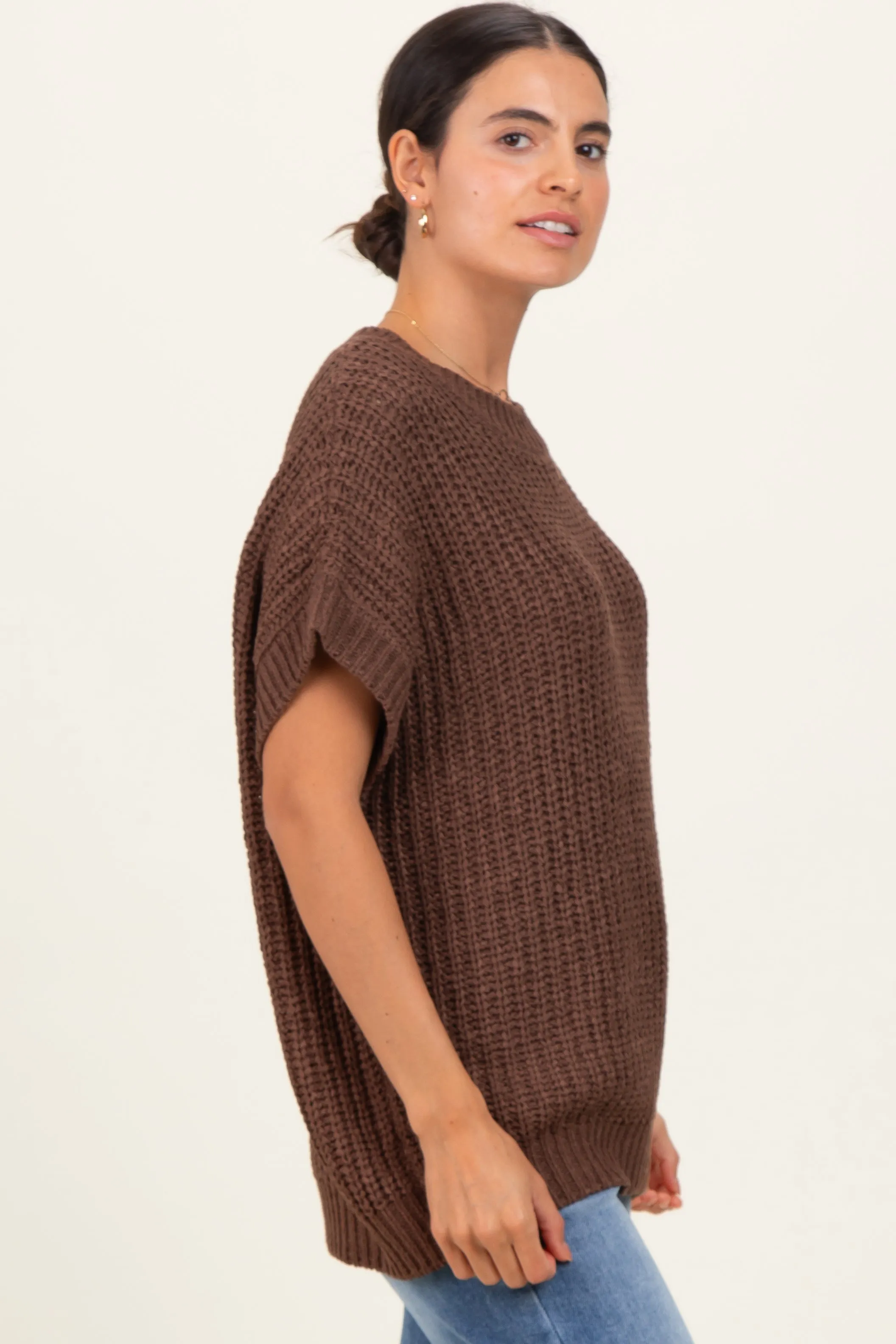 Brown Short Sleeve Round Neck Sweater sold by Pinkblush product image thumbnail 3