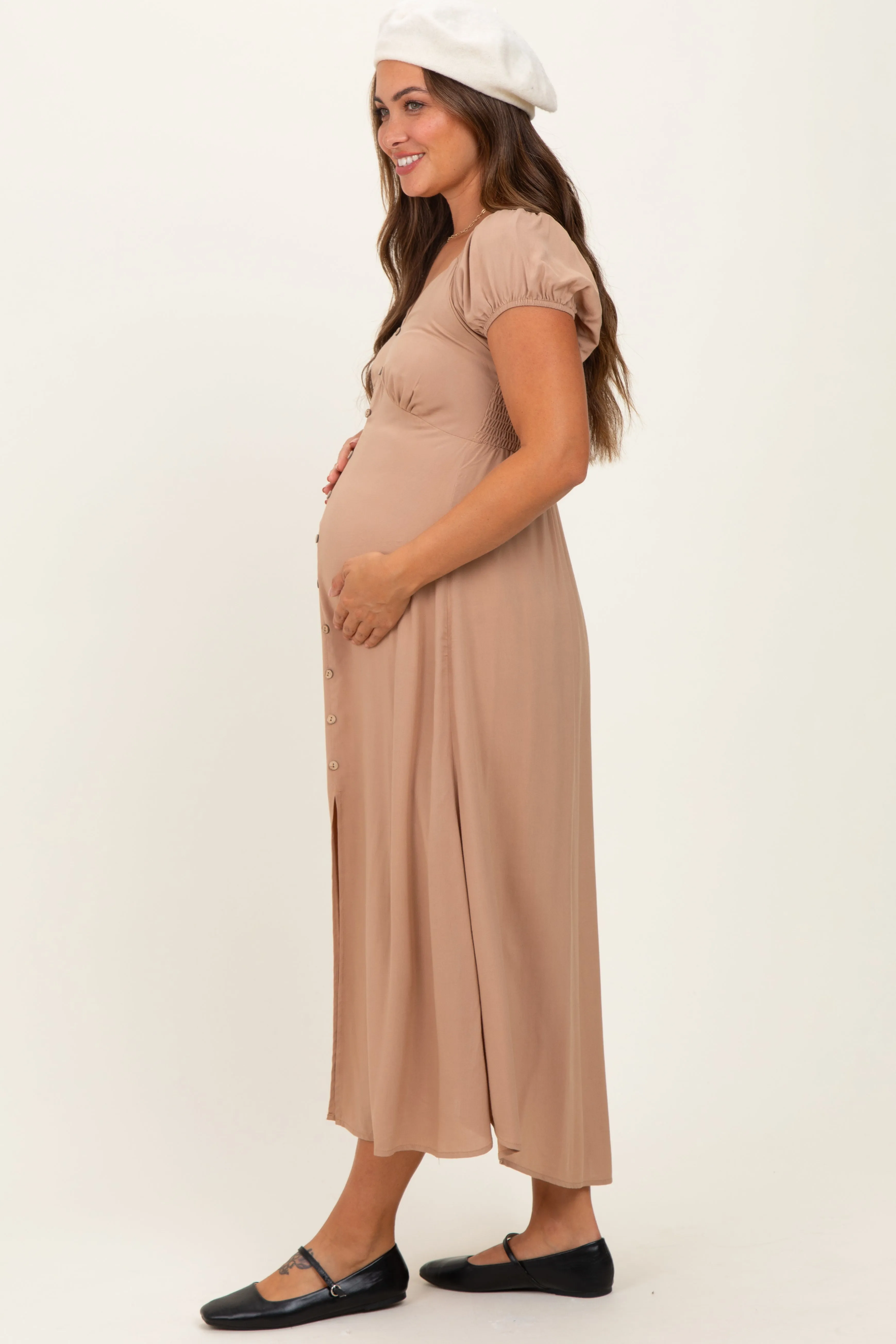 Camel Button Accent Front Slit Maternity Midi Dress sold by Pinkblush product image thumbnail 2