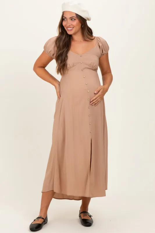 Camel Button Accent Front Slit Maternity Midi Dress sold by Pinkblush