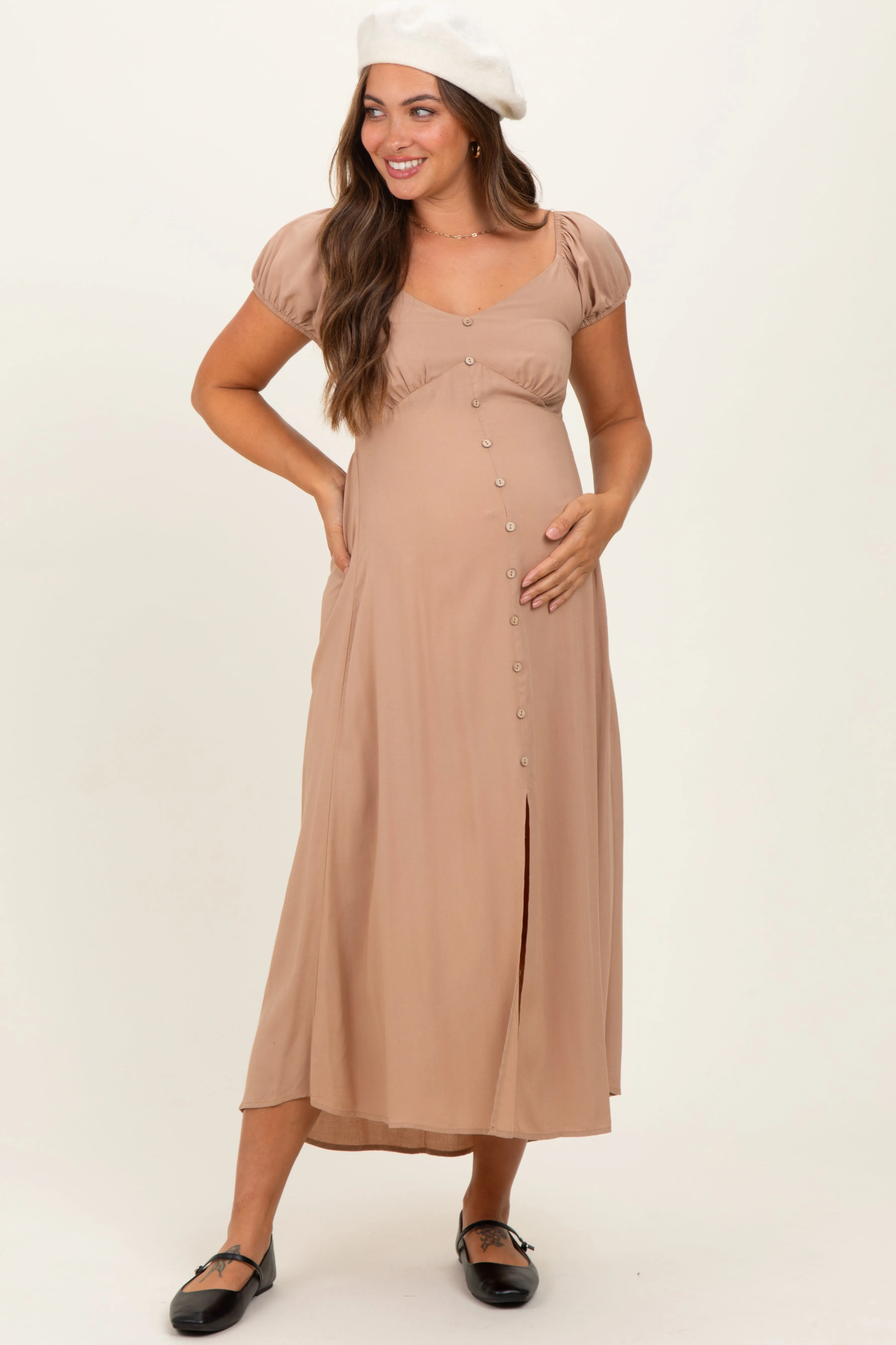 Camel Button Accent Front Slit Maternity Midi Dress sold by Pinkblush