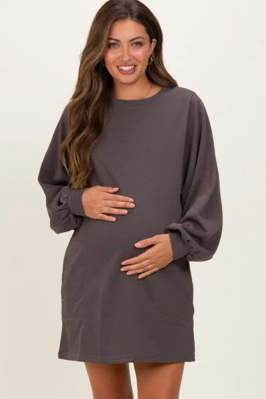 Charcoal Bubble Sleeve Maternity Sweatshirt Mini Dress sold by Pinkblush