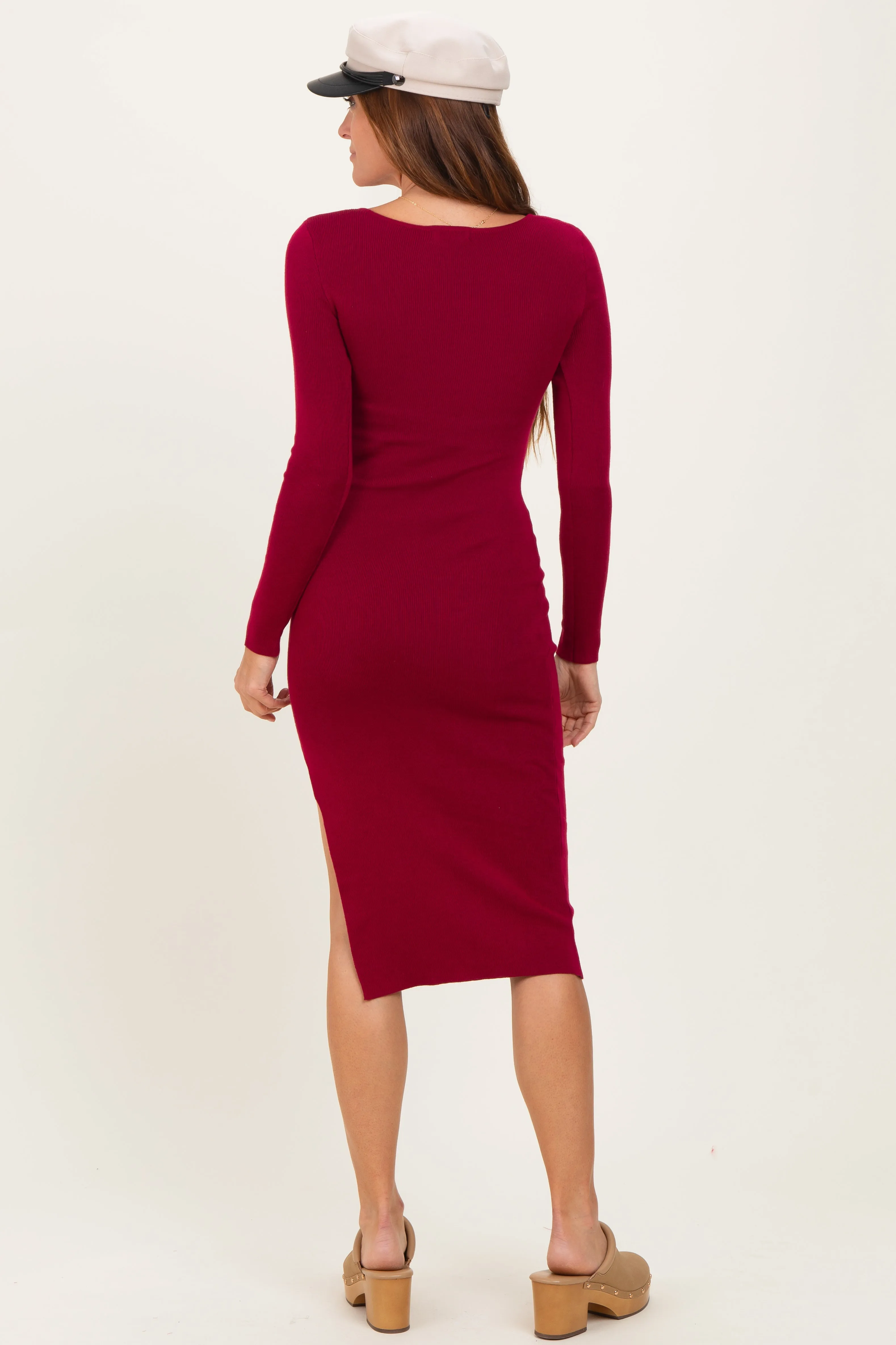 Burgundy Knit Square Neck Slit Midi Dress sold by Pinkblush product image thumbnail 2