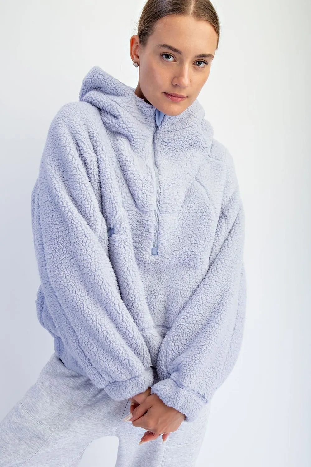 Lavender Faux Sherpa Quarter Zip Hoodie sold by Pinkblush
